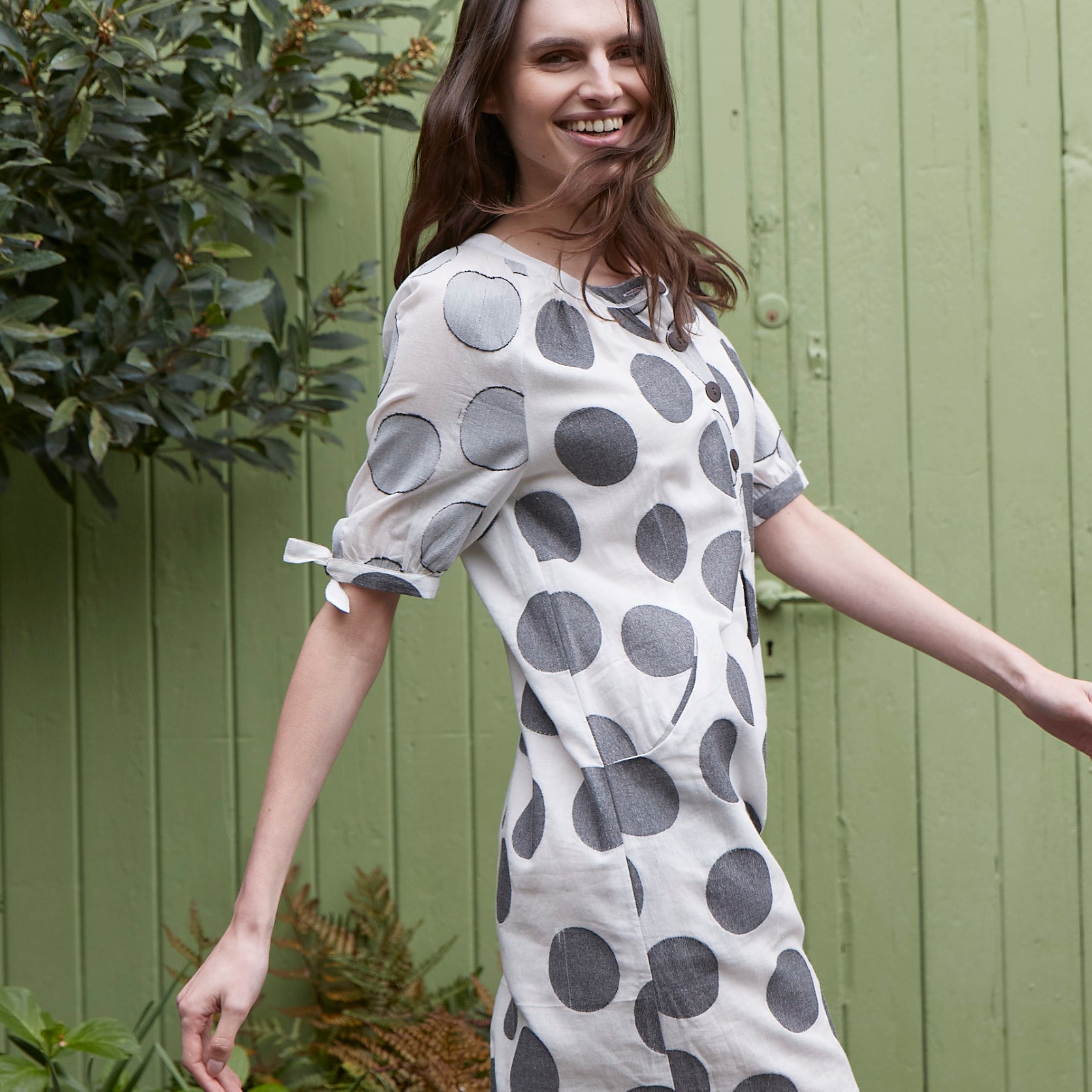 Spotted Tie Cuff Cotton Tunic Dress