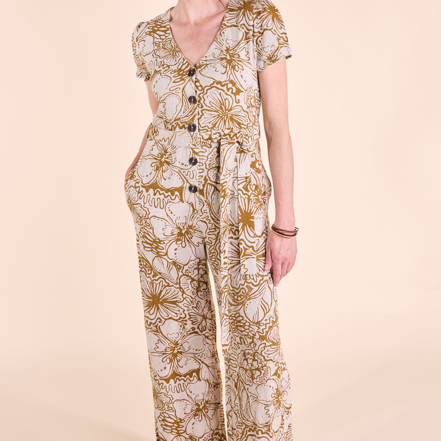 SS25 Linen Wide Leg Jumpsuit - Fawn