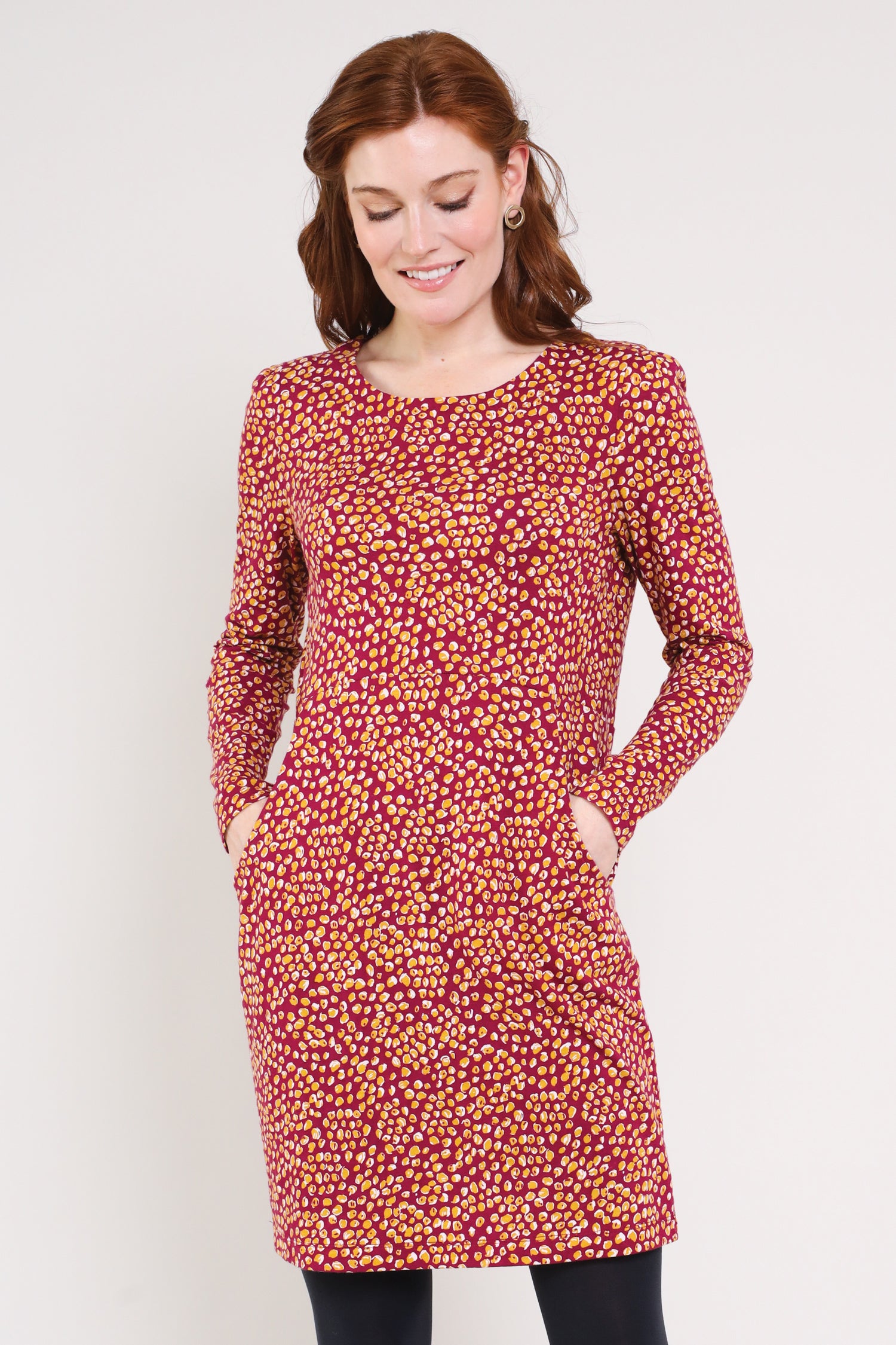 Cranberry colour GOTS Organic Cotton Nehru Collar Jersey Dress - Front side