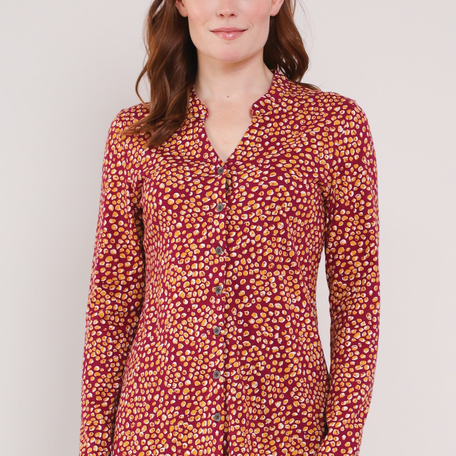 Cranberry colour GOTS Organic Cotton Nehru Collar Jersey Dress