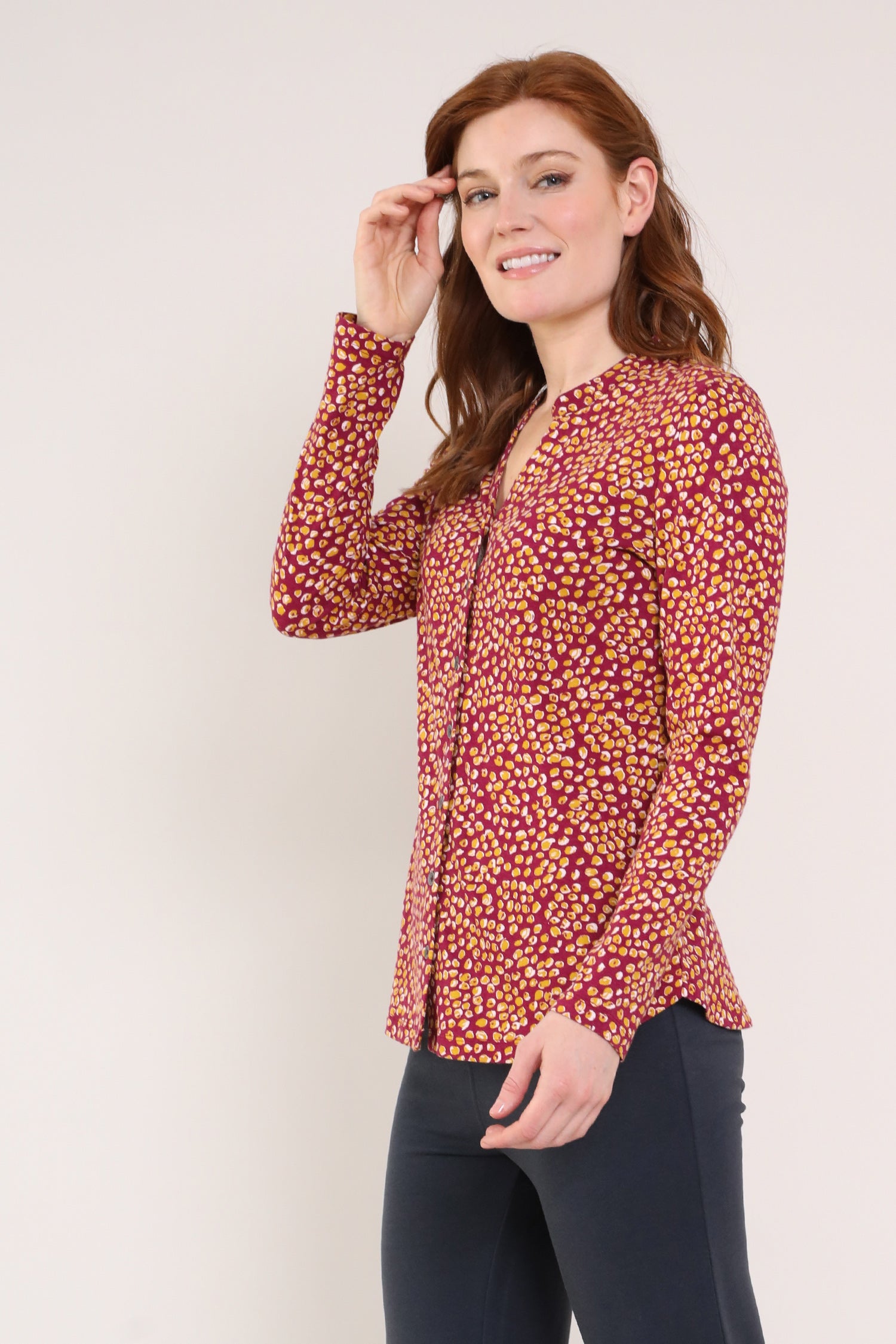Cranberry colour GOTS Organic Cotton Nehru Collar Jersey Dress - Front side