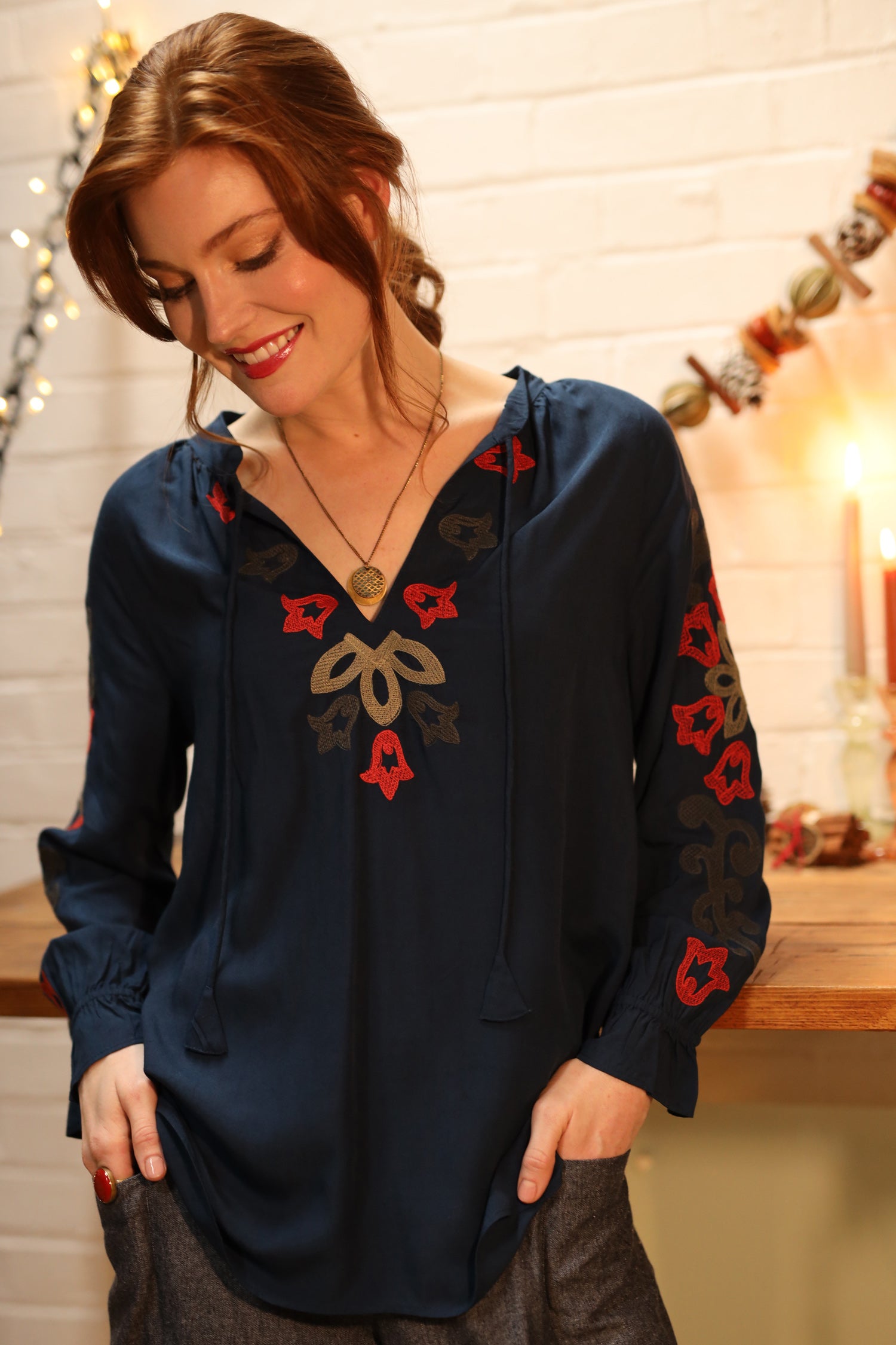 Thunder Colour Embroidered Top - Front left shown
