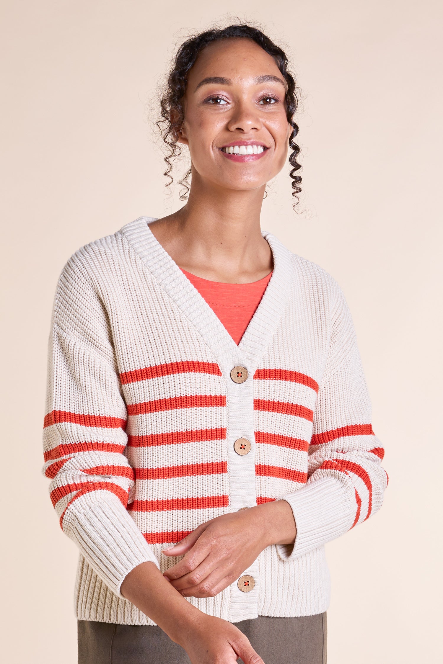 SS25 GOTS Organic Cotton Striped Cardi Orange - Main Image