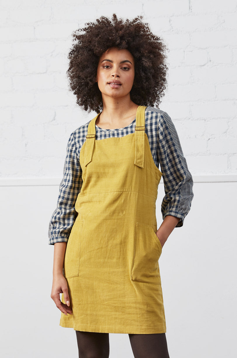 yellow pinafore dress Like a ray of sunshine in Marigold colour Pictures by Modern Market falling in bold folds linen fabric Girls Pinafore Dress for little