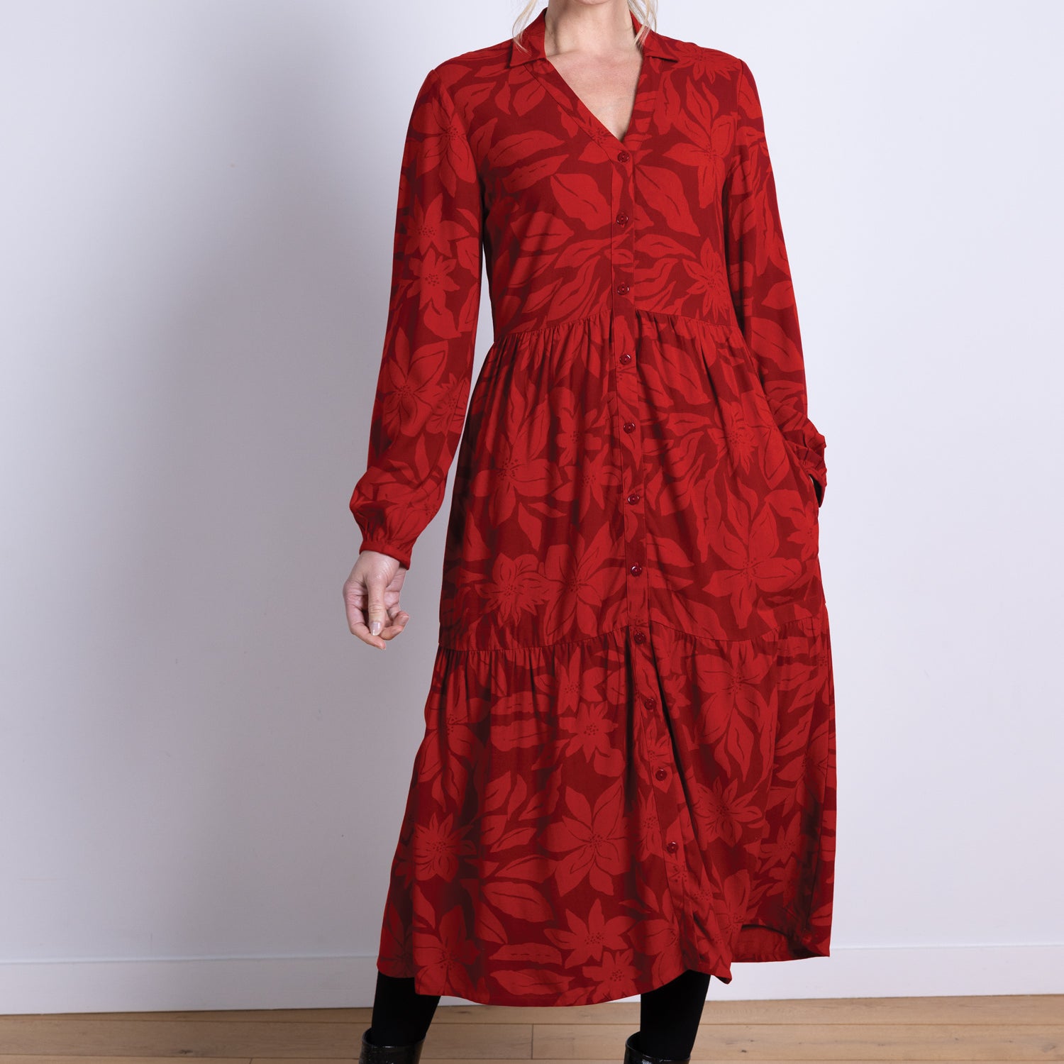 AW25 Tiered Midi Shirtdress - Burgundy