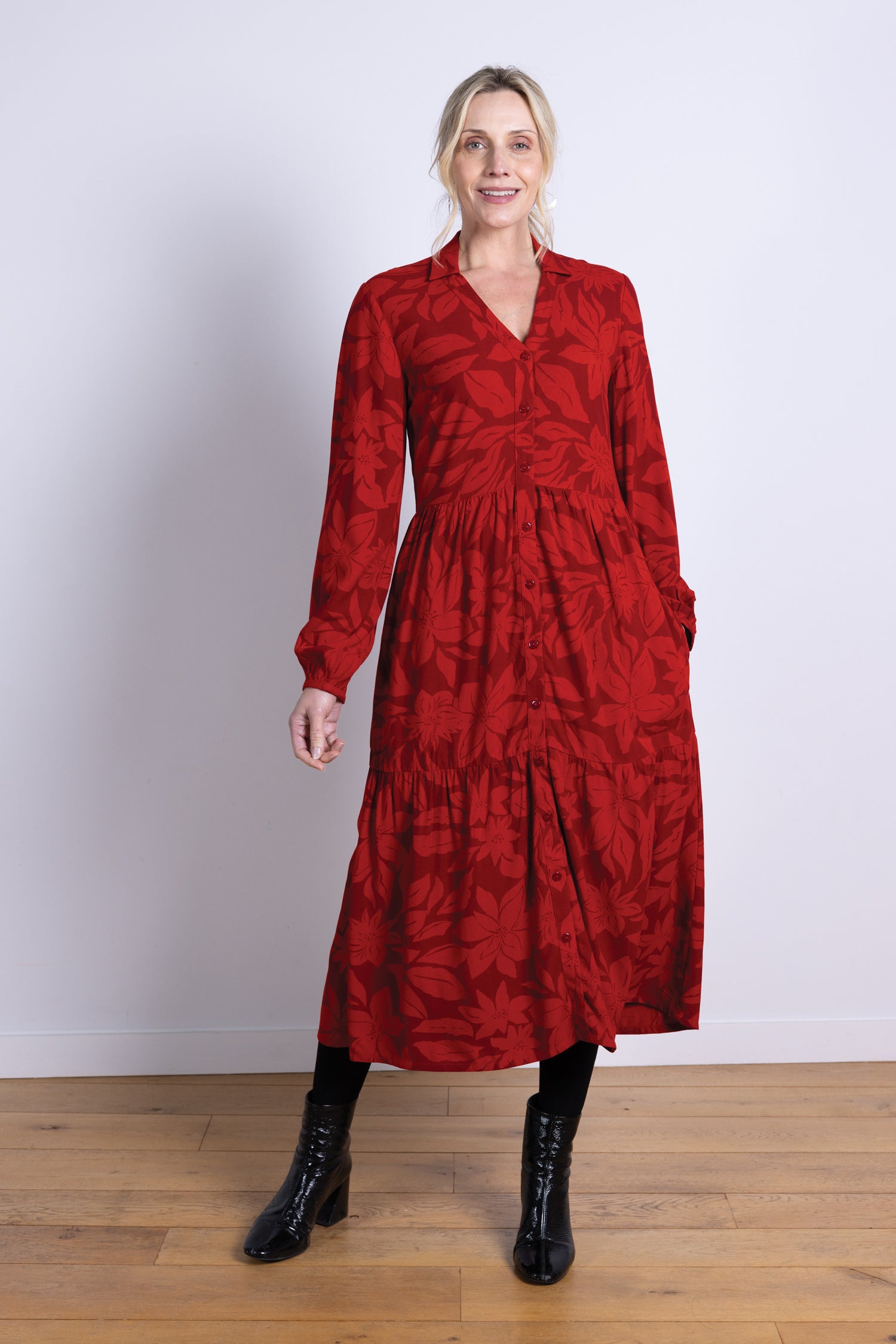 AW25 Tiered Midi Shirtdress - Burgundy