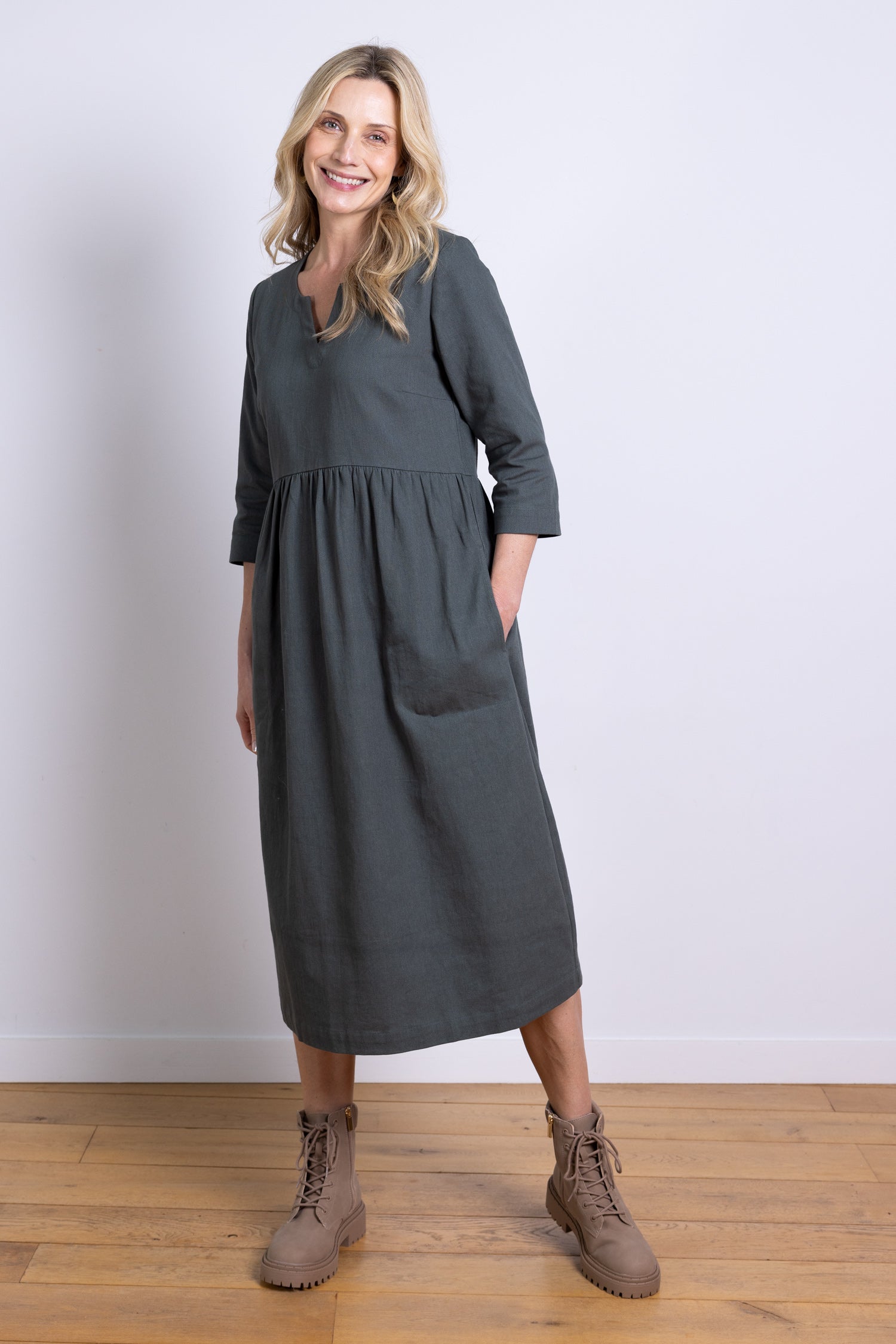 AW25 V Neck Midi Dress - Buff