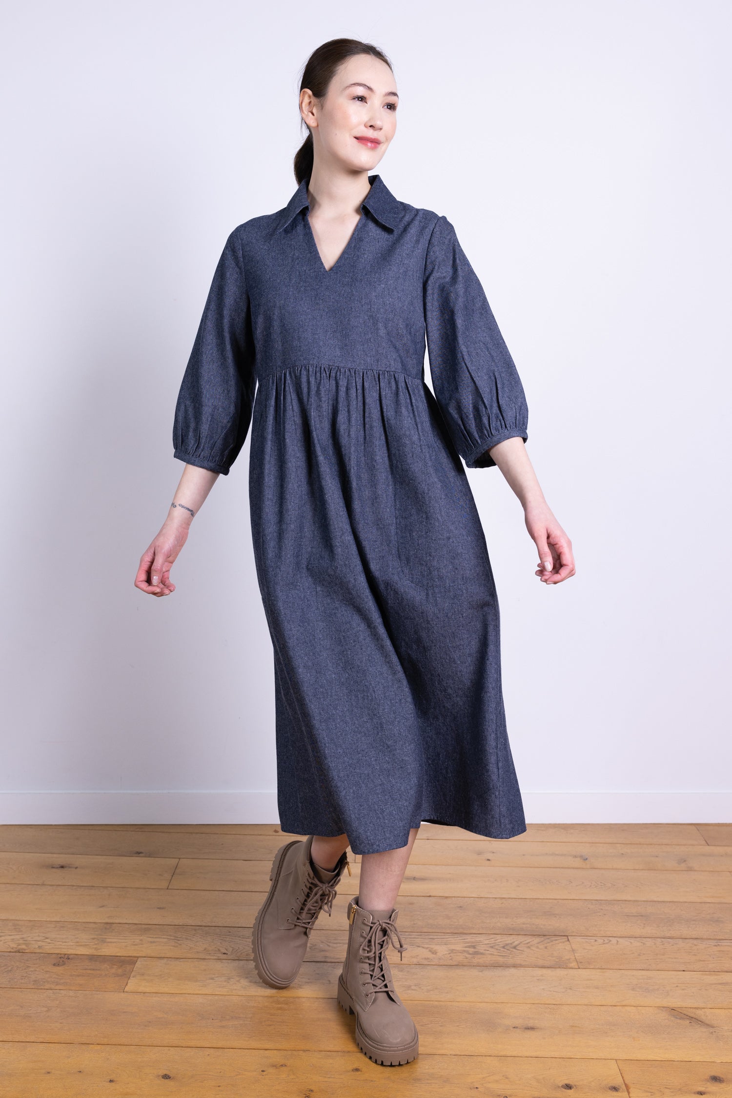 AW25 Open Collar Midi Dress - Chambray