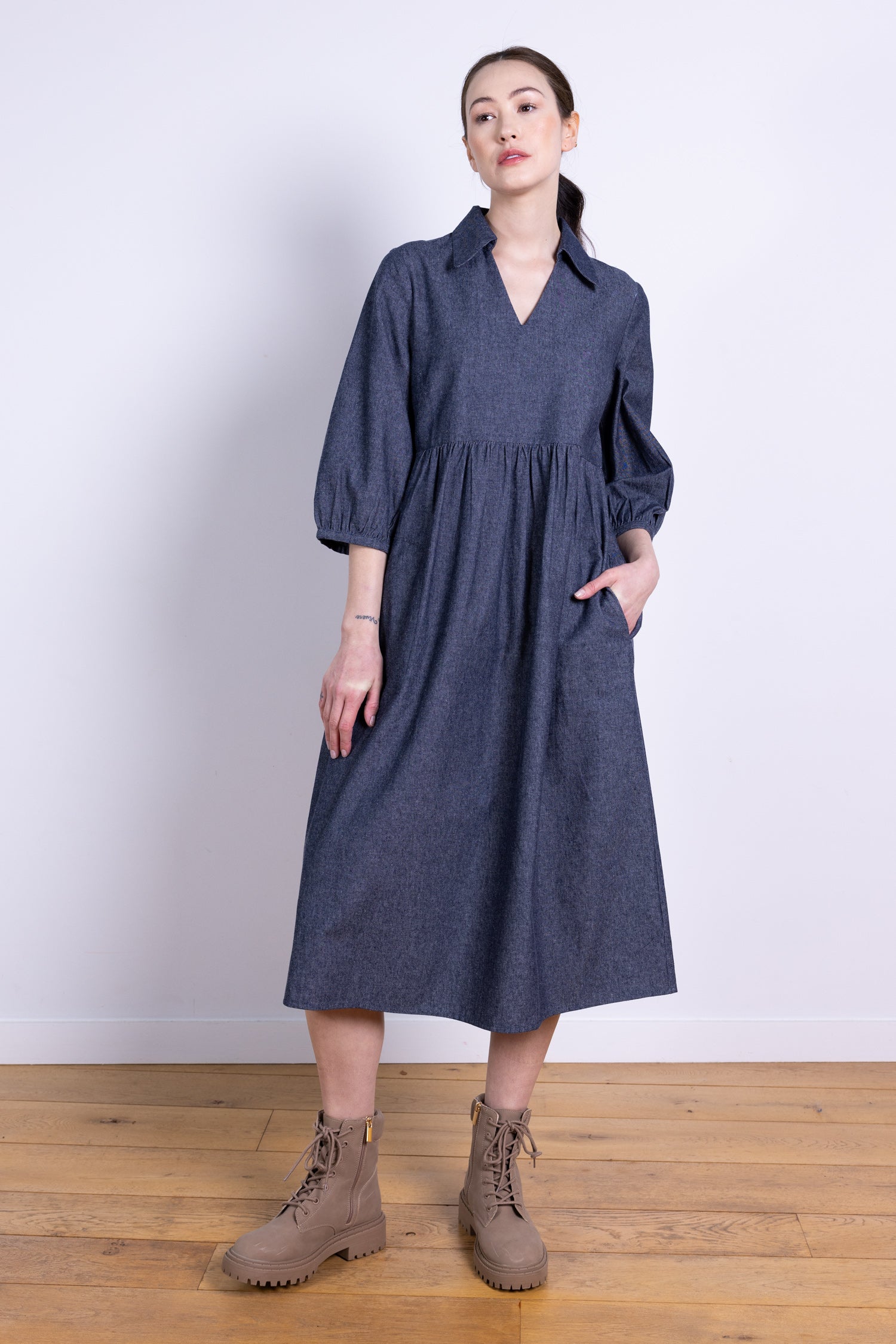 AW25 Open Collar Midi Dress - Chambray
