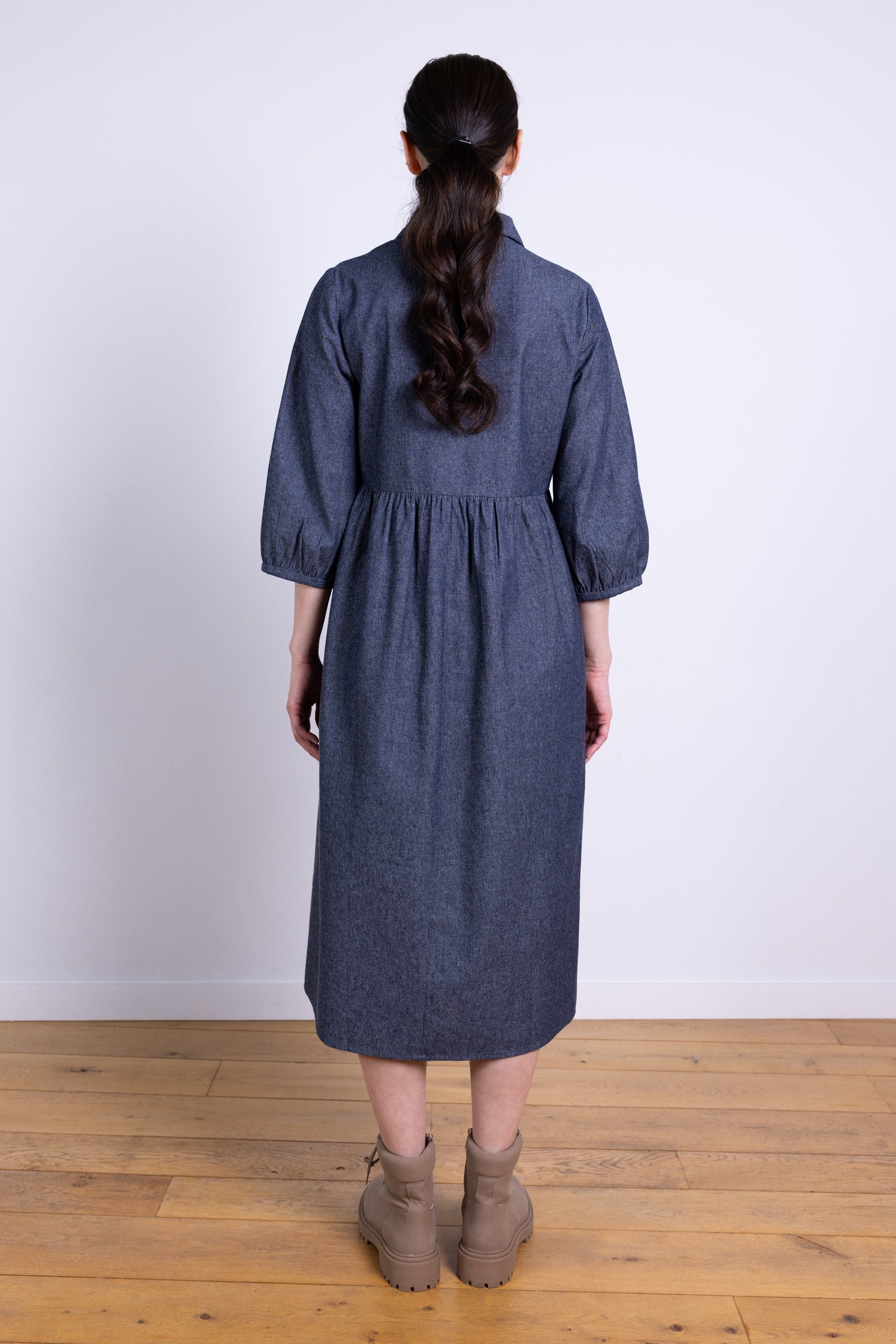 AW25 Open Collar Midi Dress - Chambray
