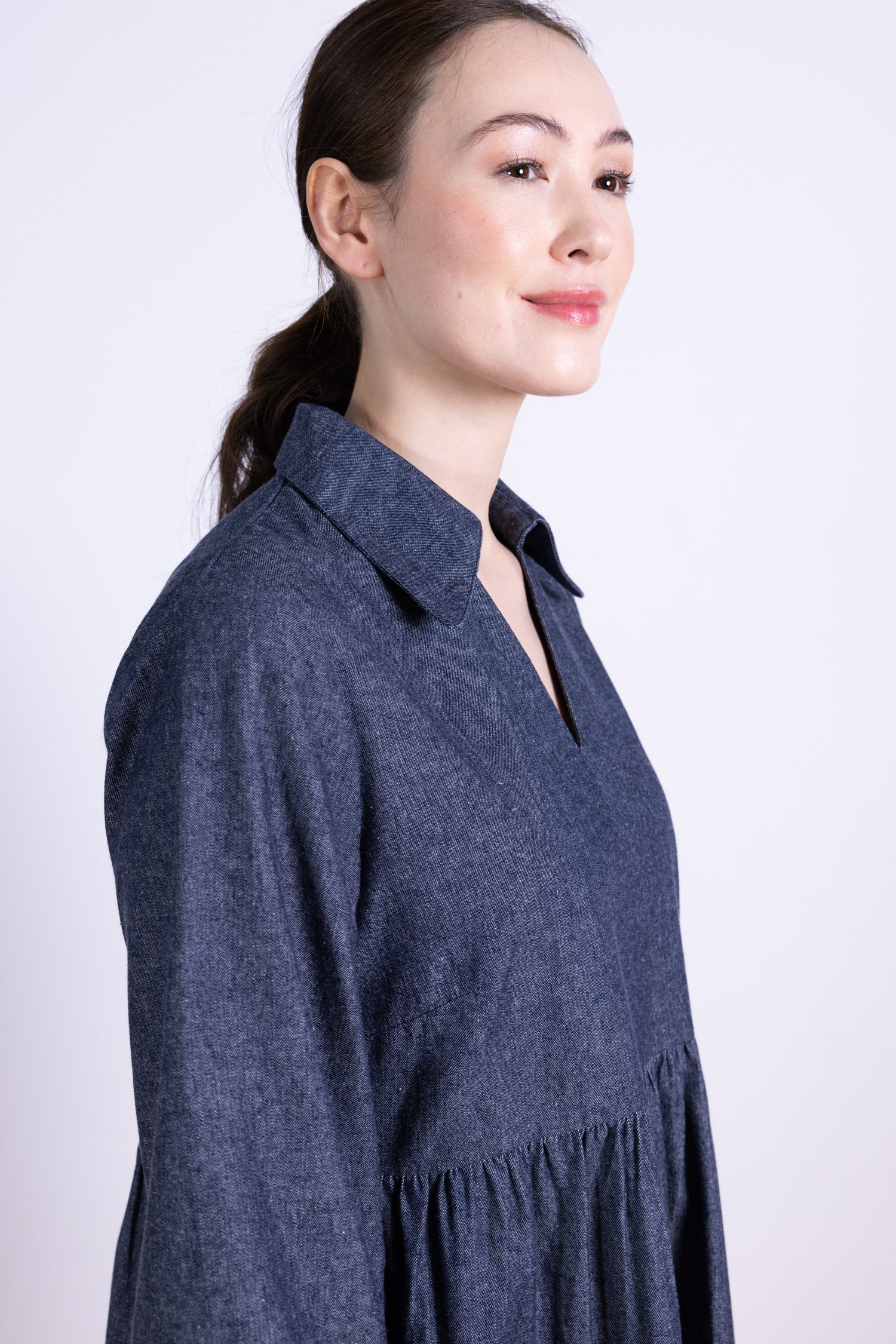 AW25 Open Collar Midi Dress - Chambray