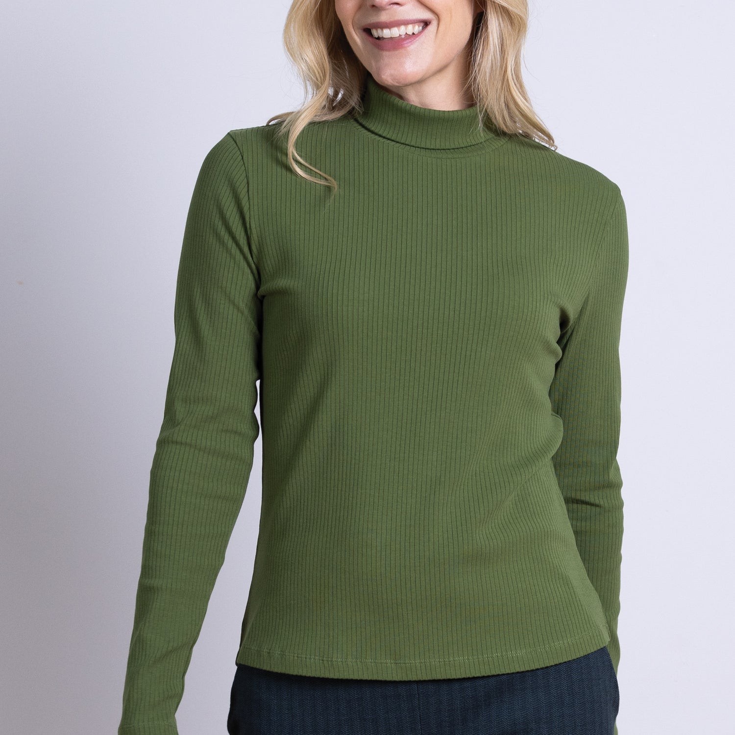 AW25 Rib Polo Neck Top - Basil