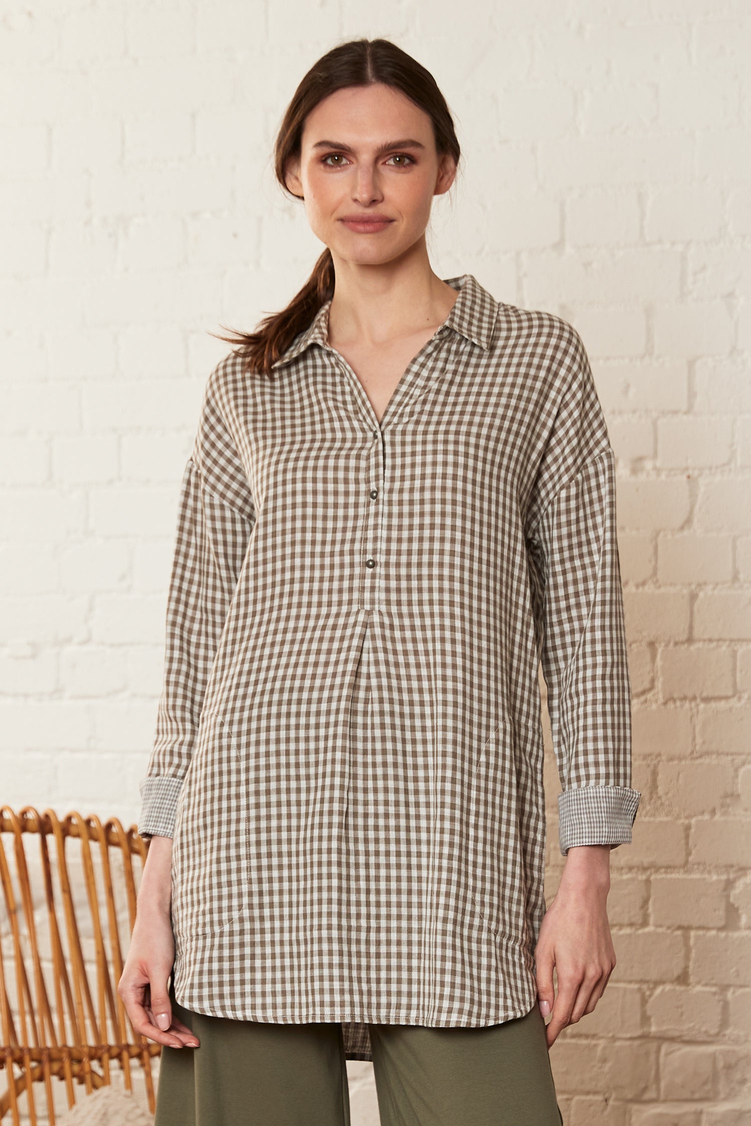 Check Double Cotton Tunic Shirt