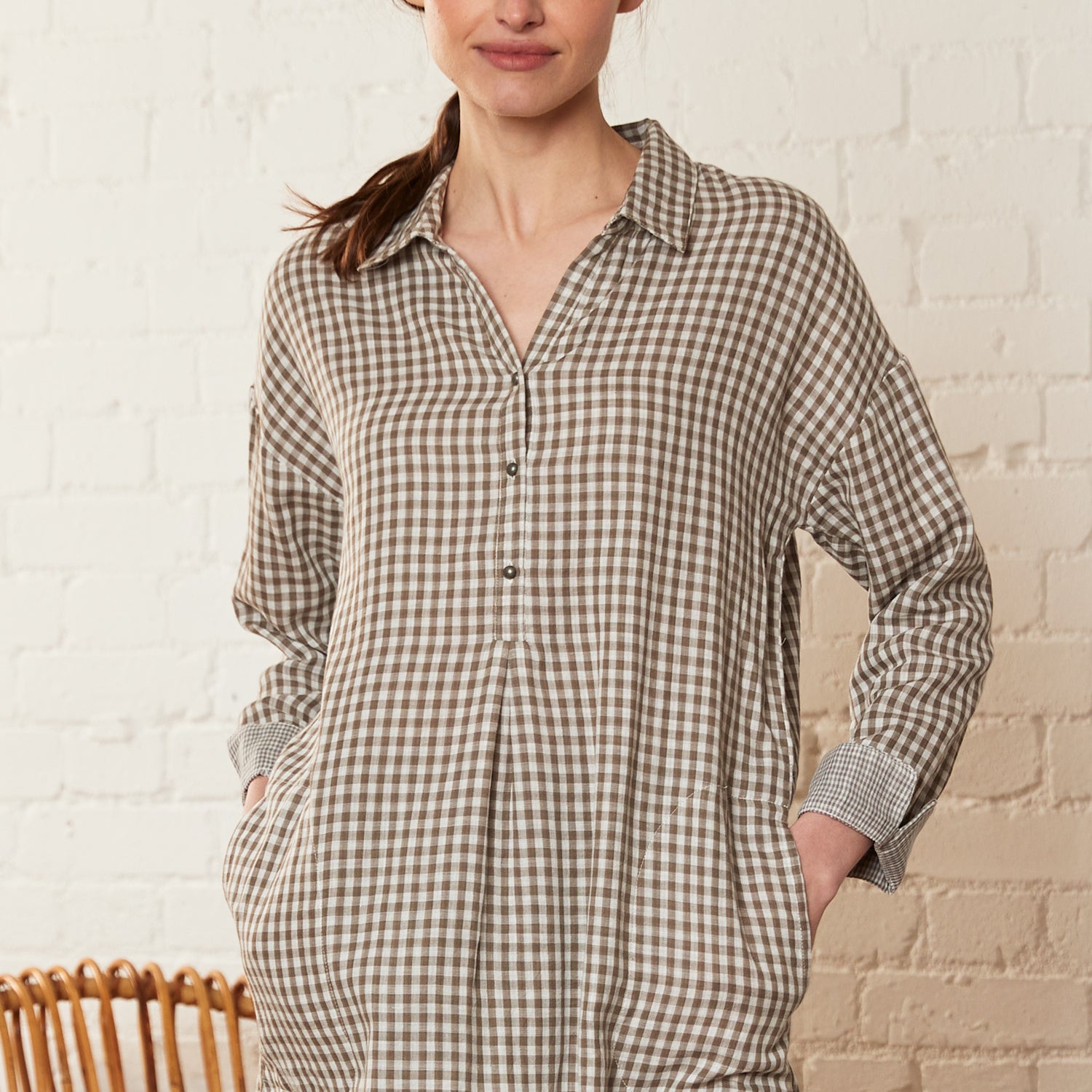Check Double Cotton Tunic Shirt