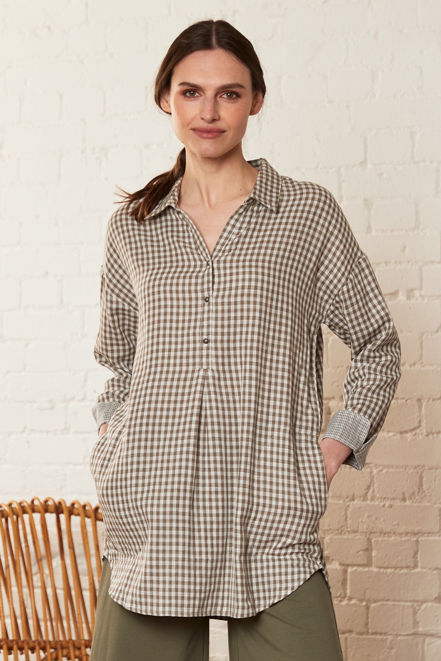 Check Double Cotton Tunic Shirt