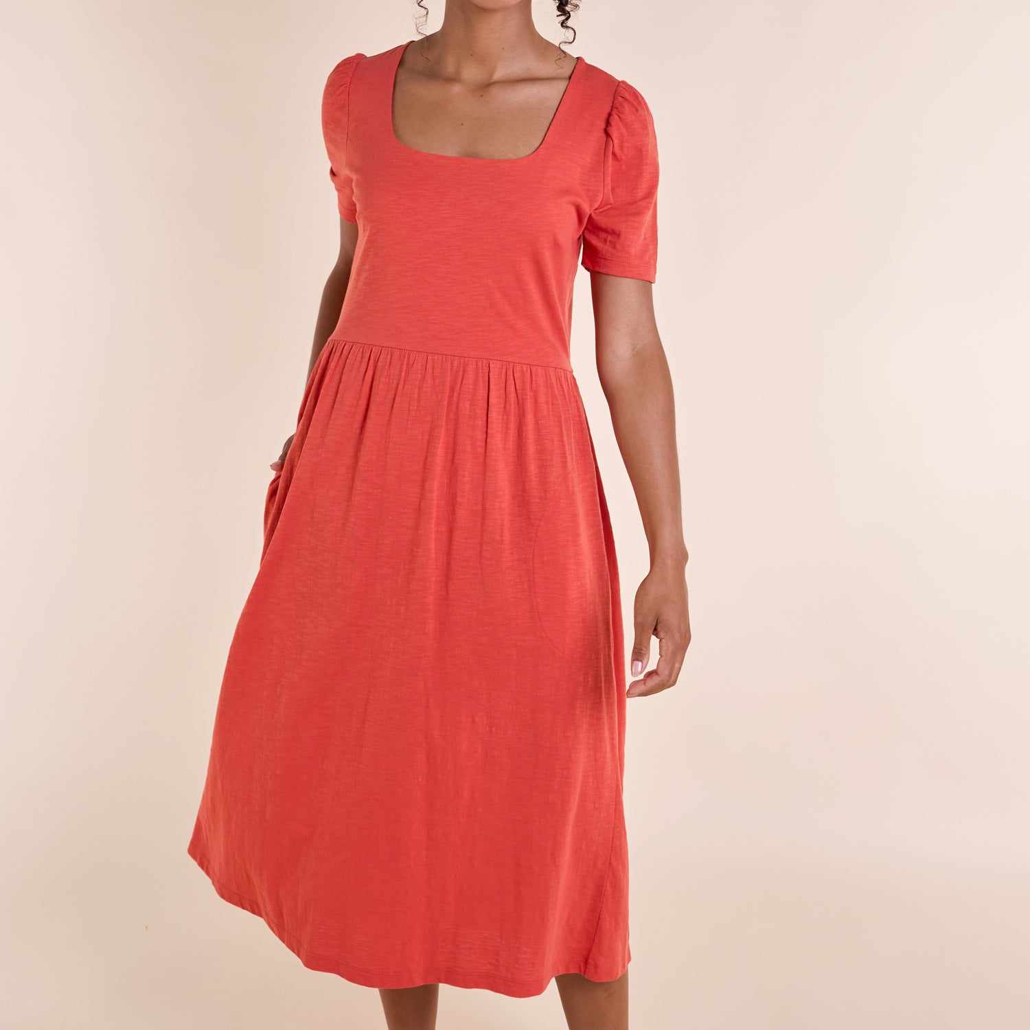 SS25 GOTS Organic Cotton Slub Midi Dress - Tangerine