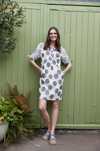 Spotted Tie Cuff Cotton Tunic Dress