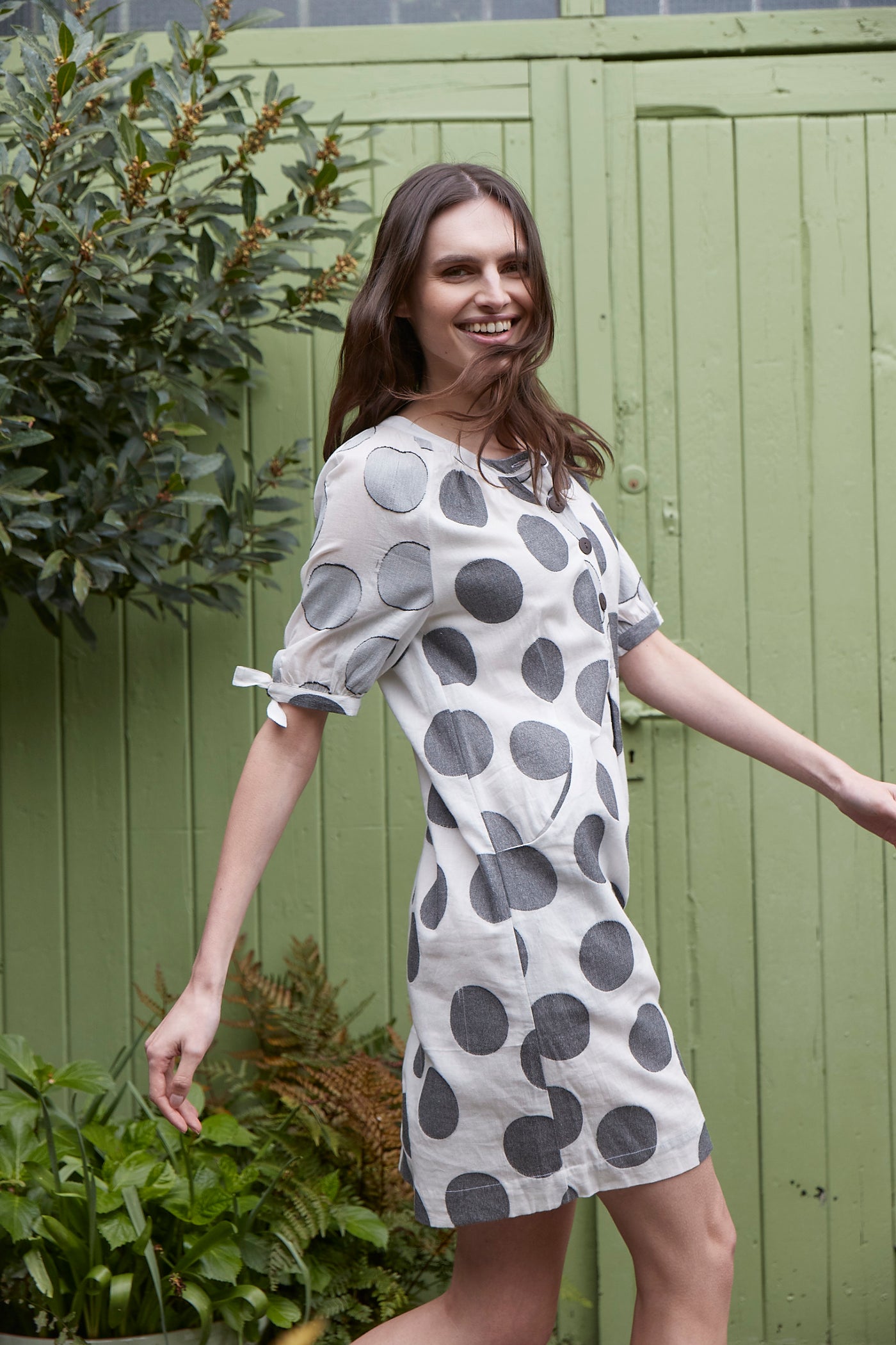 Spotted Tie Cuff Cotton Tunic Dress