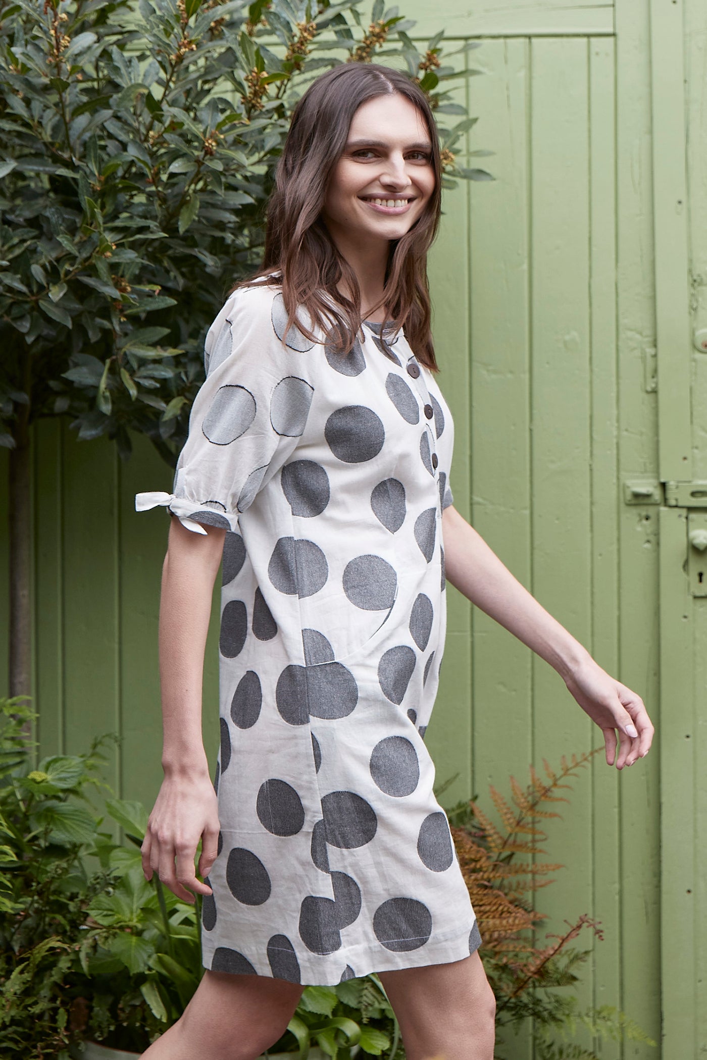 Spotted Tie Cuff Cotton Tunic Dress