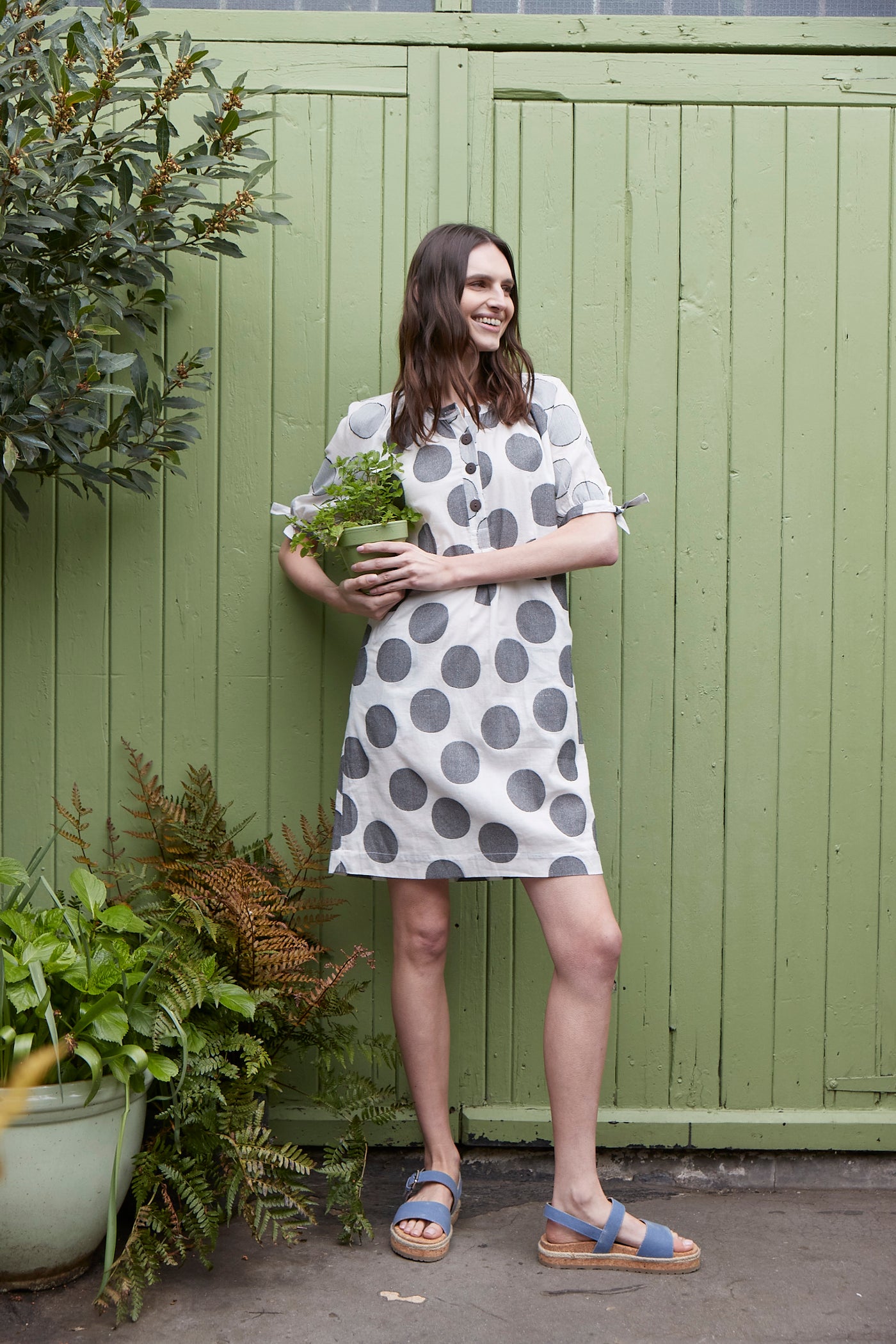 Spotted Tie Cuff Cotton Tunic Dress