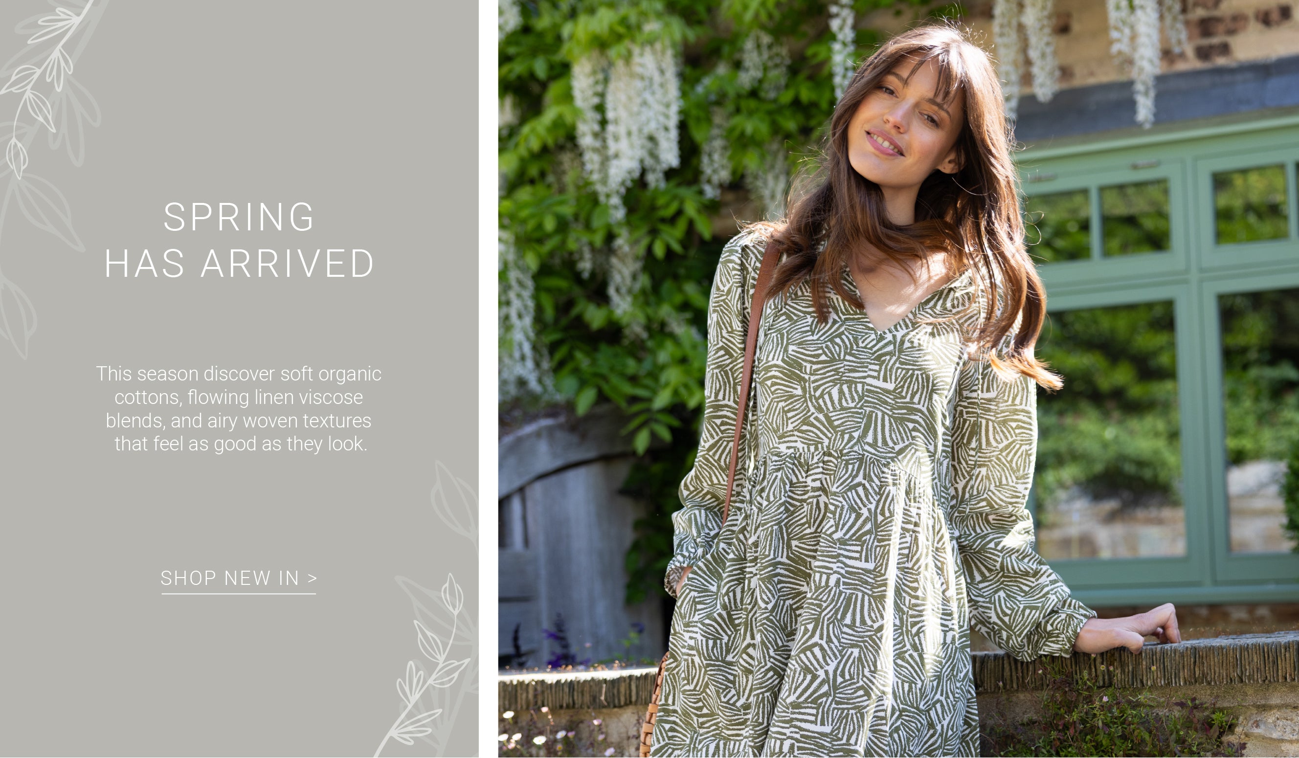 Woman in a patterned dress standing outdoors with text about spring and new arrivals.