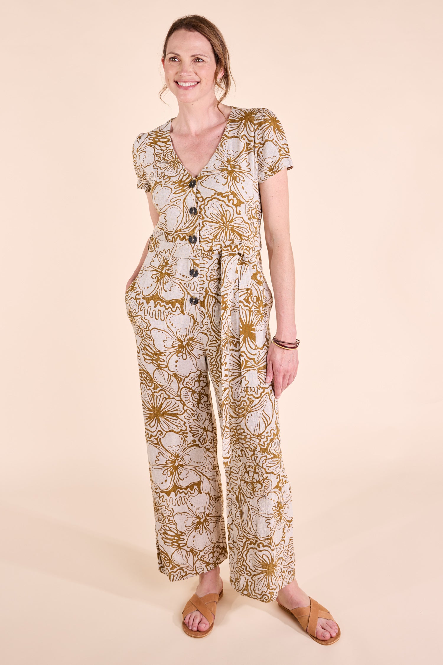 SS25 Linen Wide Leg Jumpsuit - Fawn