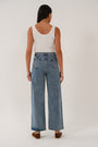 Back view of the blue denim wide leg jeans