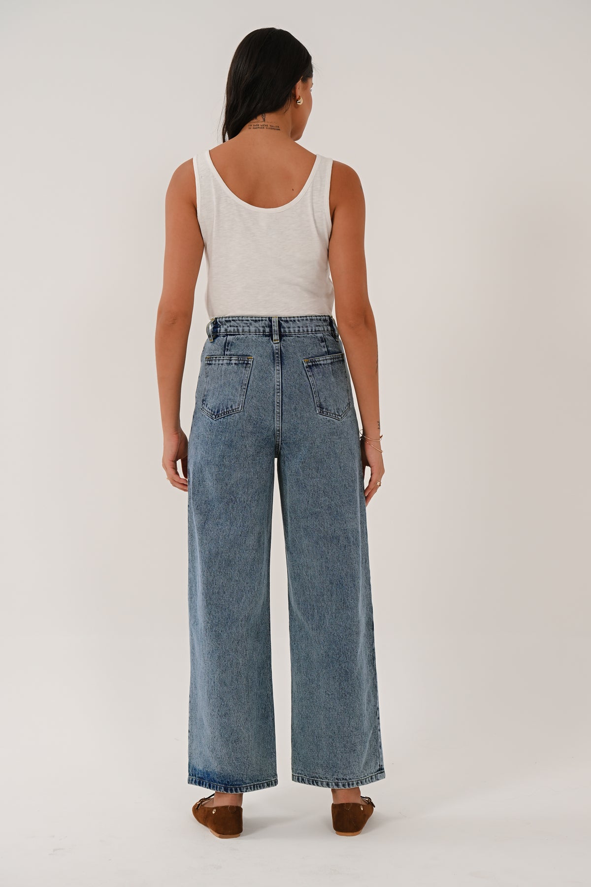 Back view of the blue denim wide leg jeans