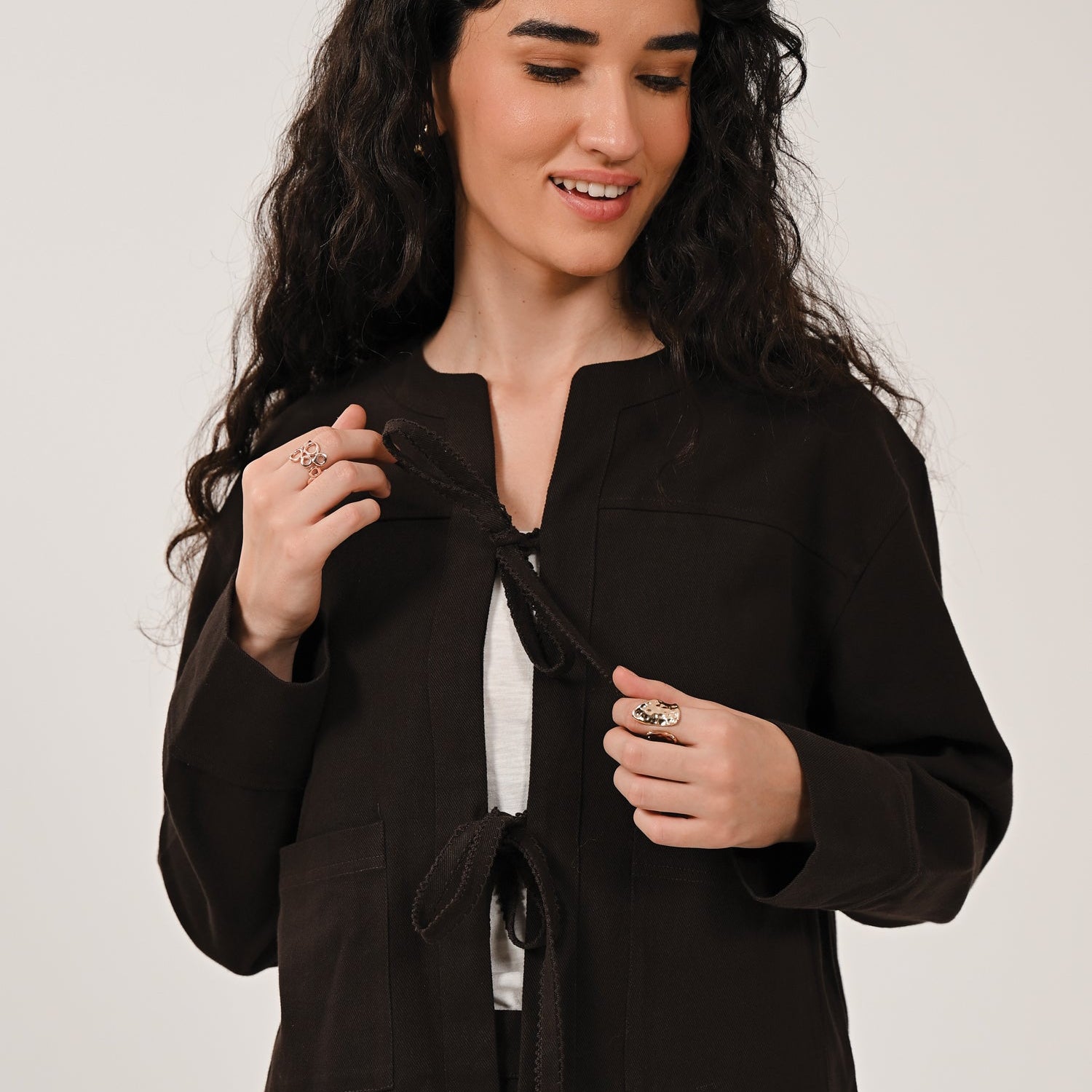 AW26 Collarless Jacket With Scallop - Chocolate