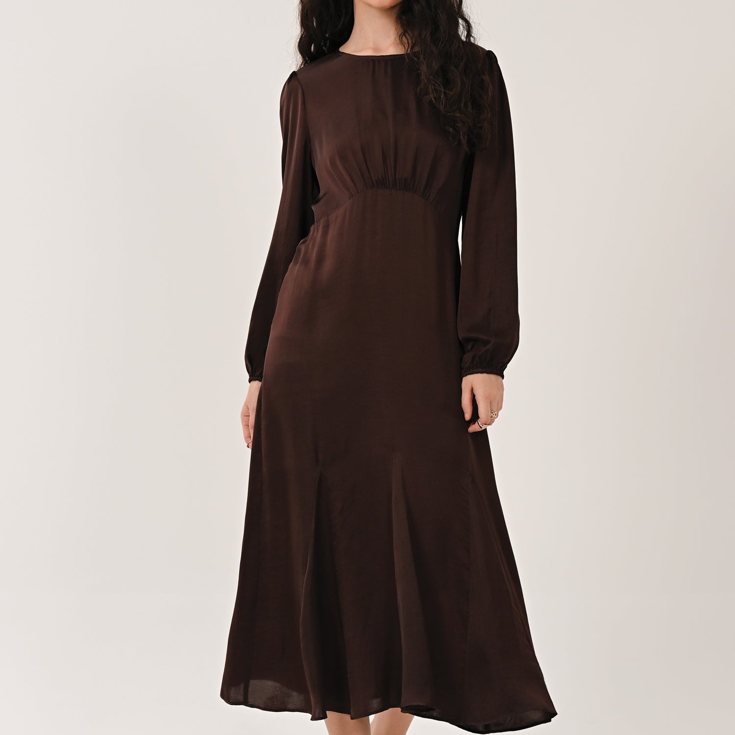 Chocolate satin godet hem tea dress for women
