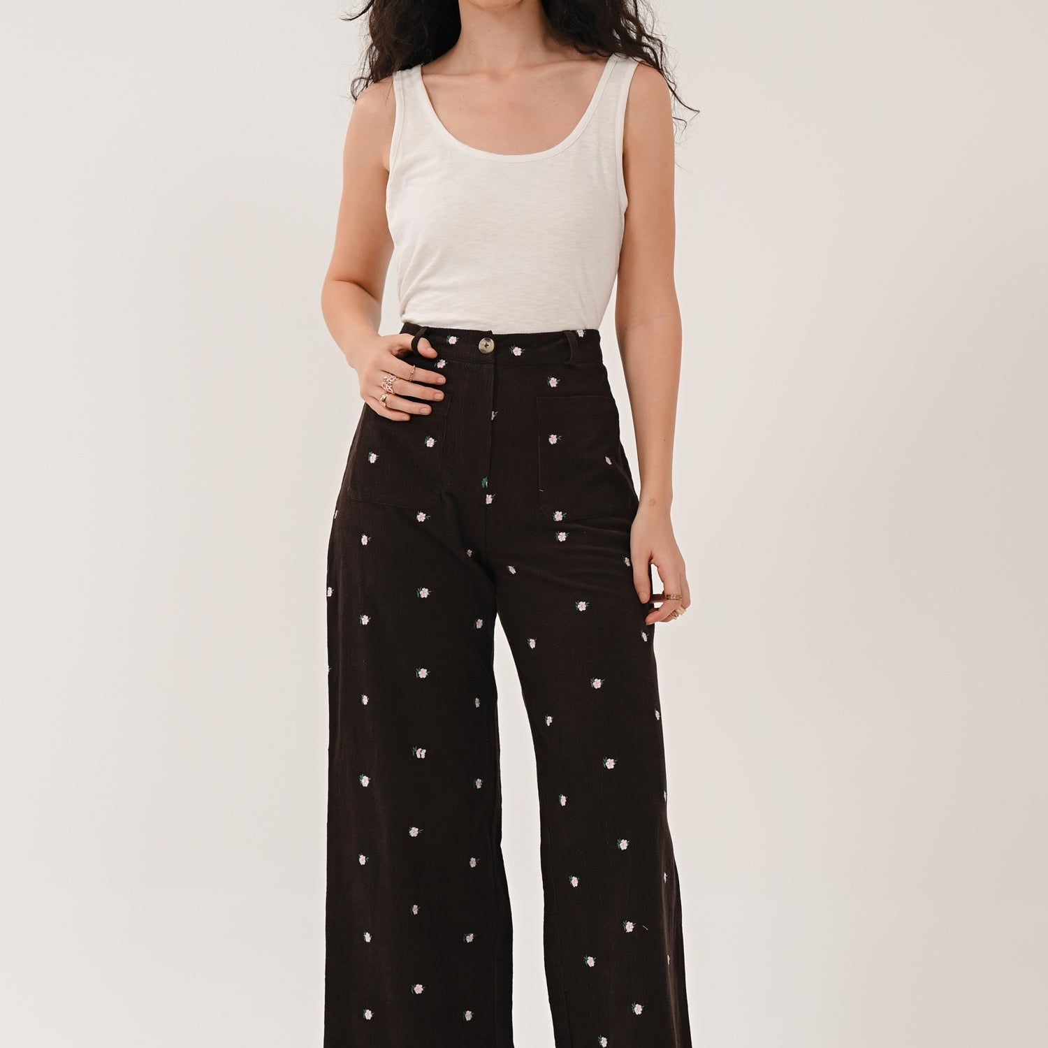 AW26 Embroidered Cord Wide Leg Trousers - Chocolate