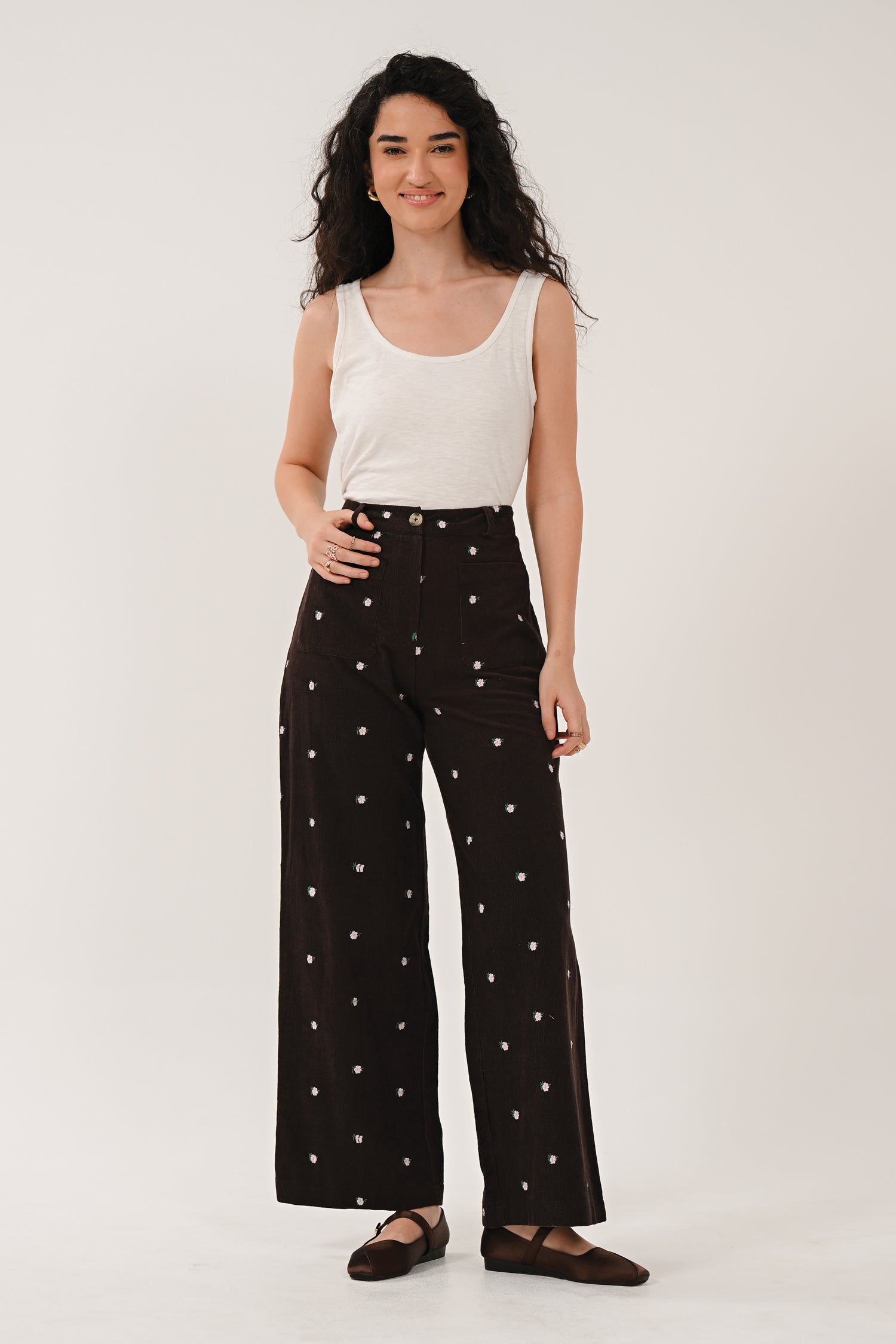 AW26 Embroidered Cord Wide Leg Trousers - Chocolate
