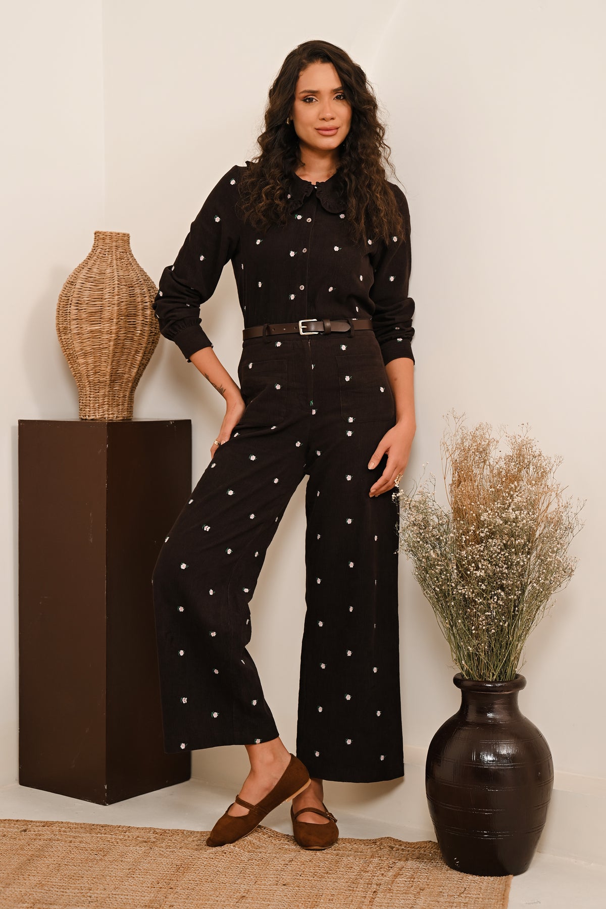AW26 Embroidered Cord Wide Leg Trousers - Chocolate