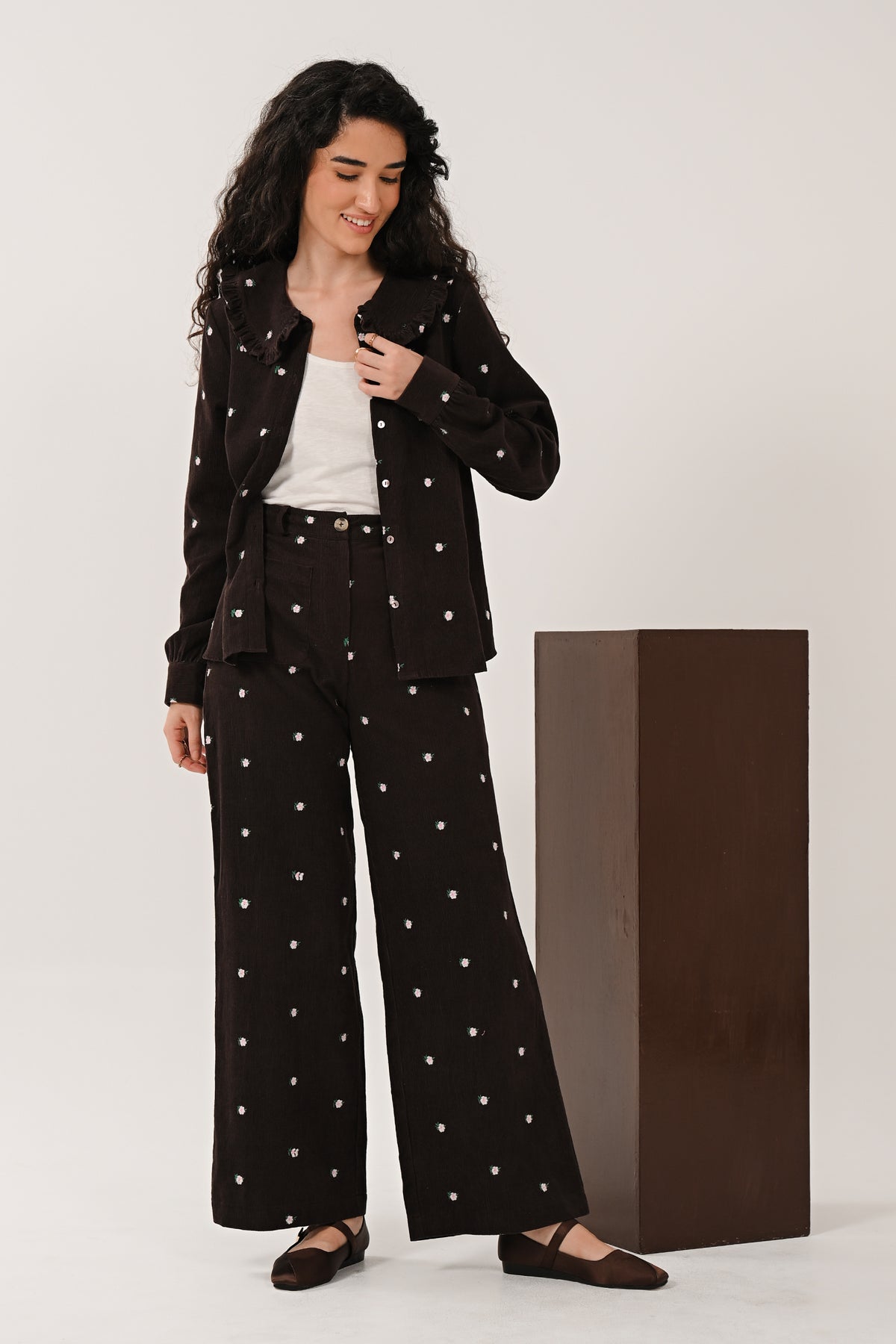 AW26 Embroidered Cord Wide Leg Trousers - Chocolate