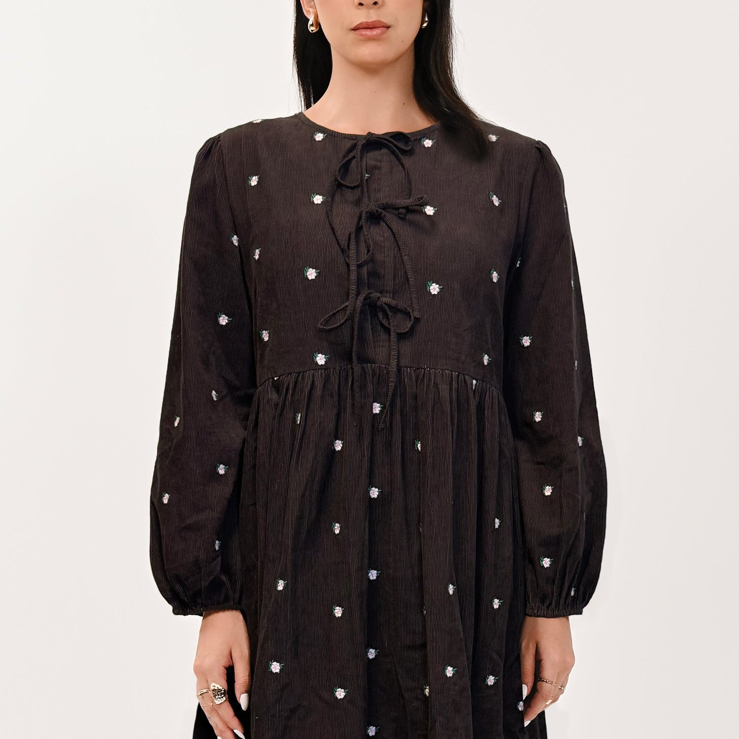 AW26 Embroidered Cord Tunic Dress - Chocolate