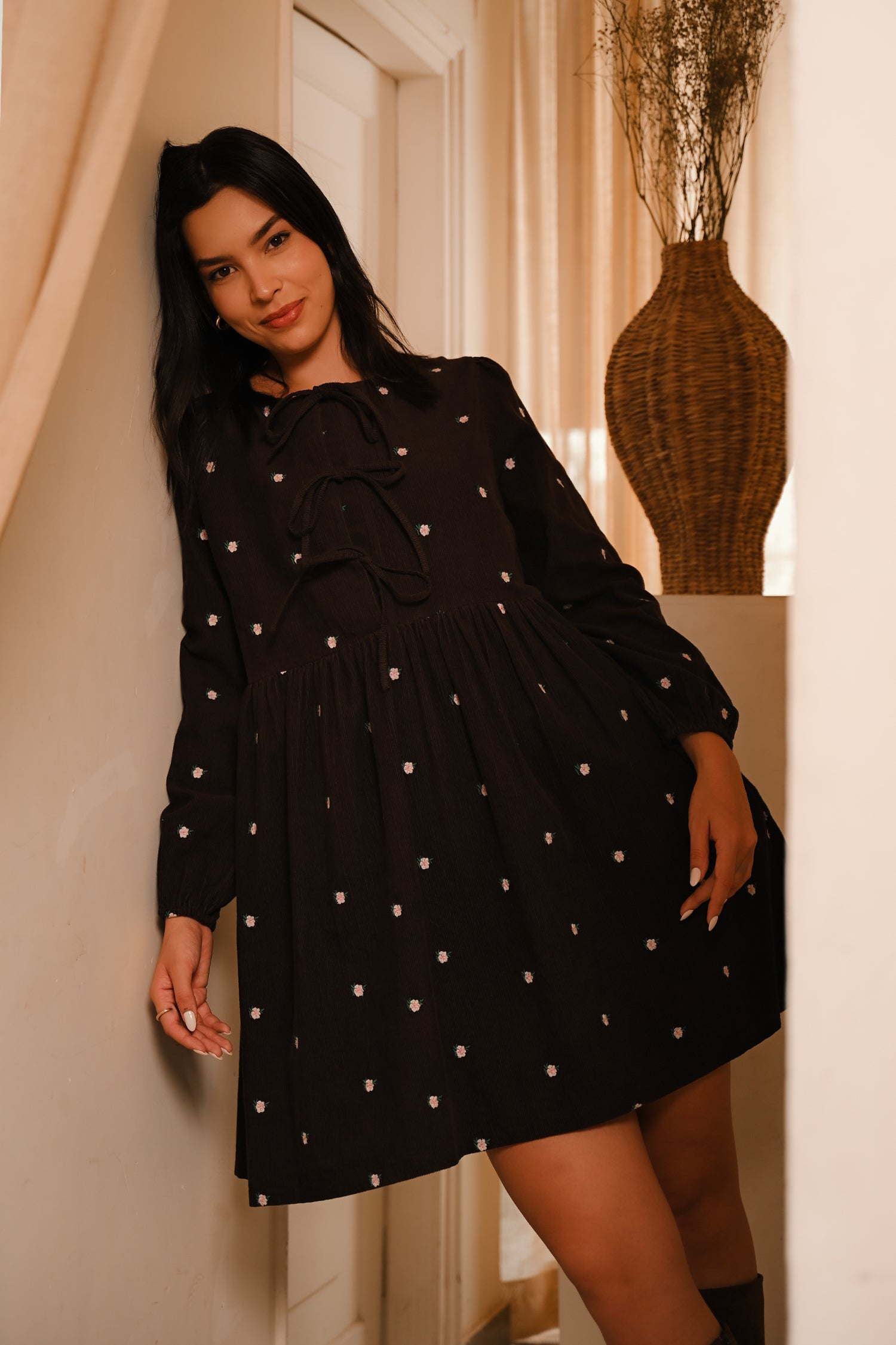 AW26 Embroidered Cord Tunic Dress - Chocolate