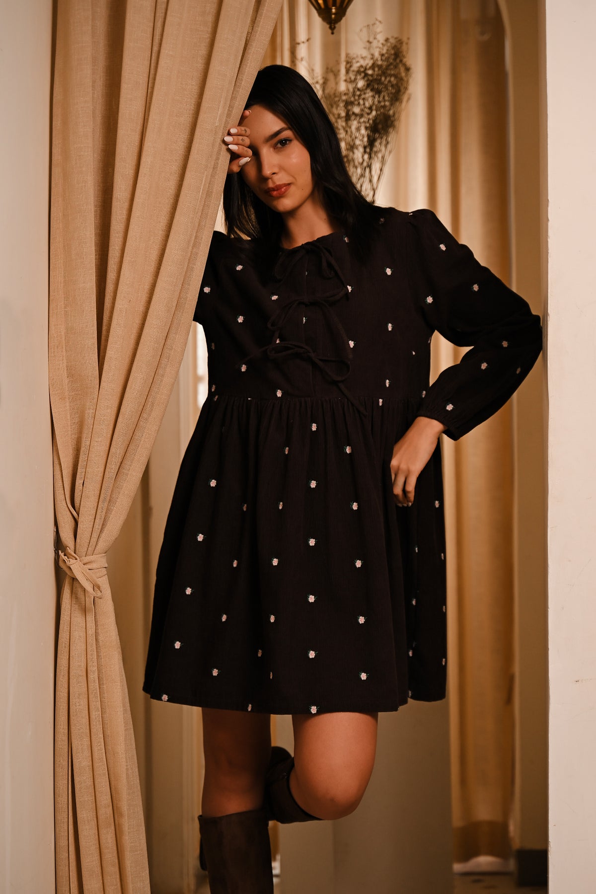 AW26 Embroidered Cord Tunic Dress - Chocolate