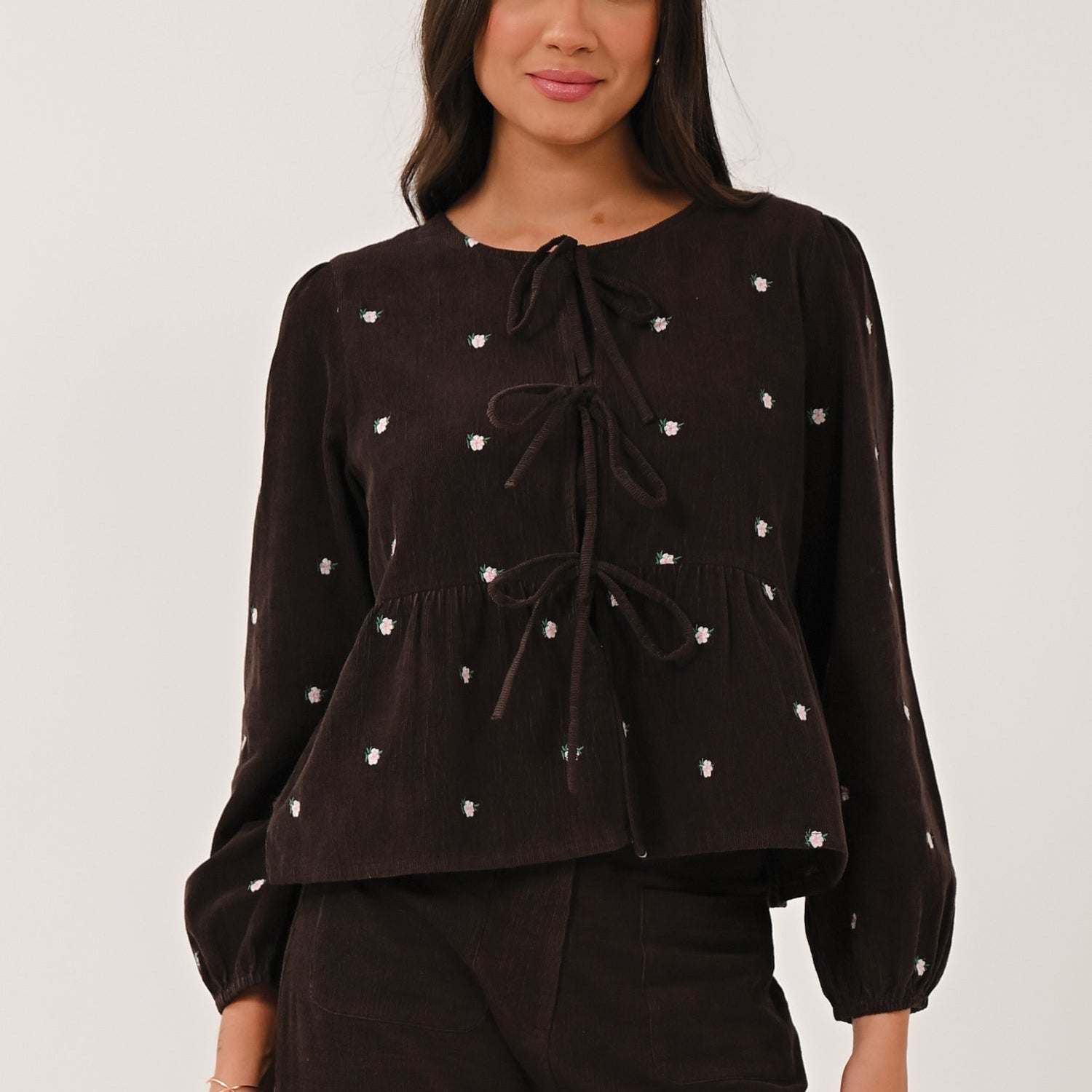 AW26 Embroidered Cord Top - Chocolate