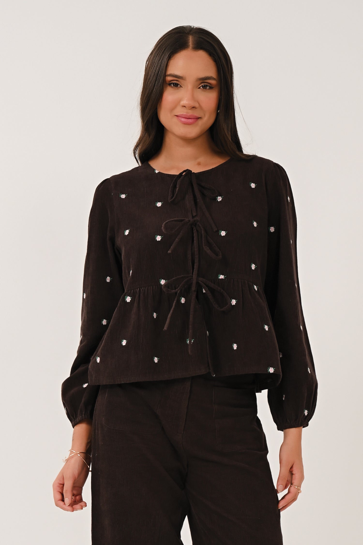 AW26 Embroidered Cord Top - Chocolate