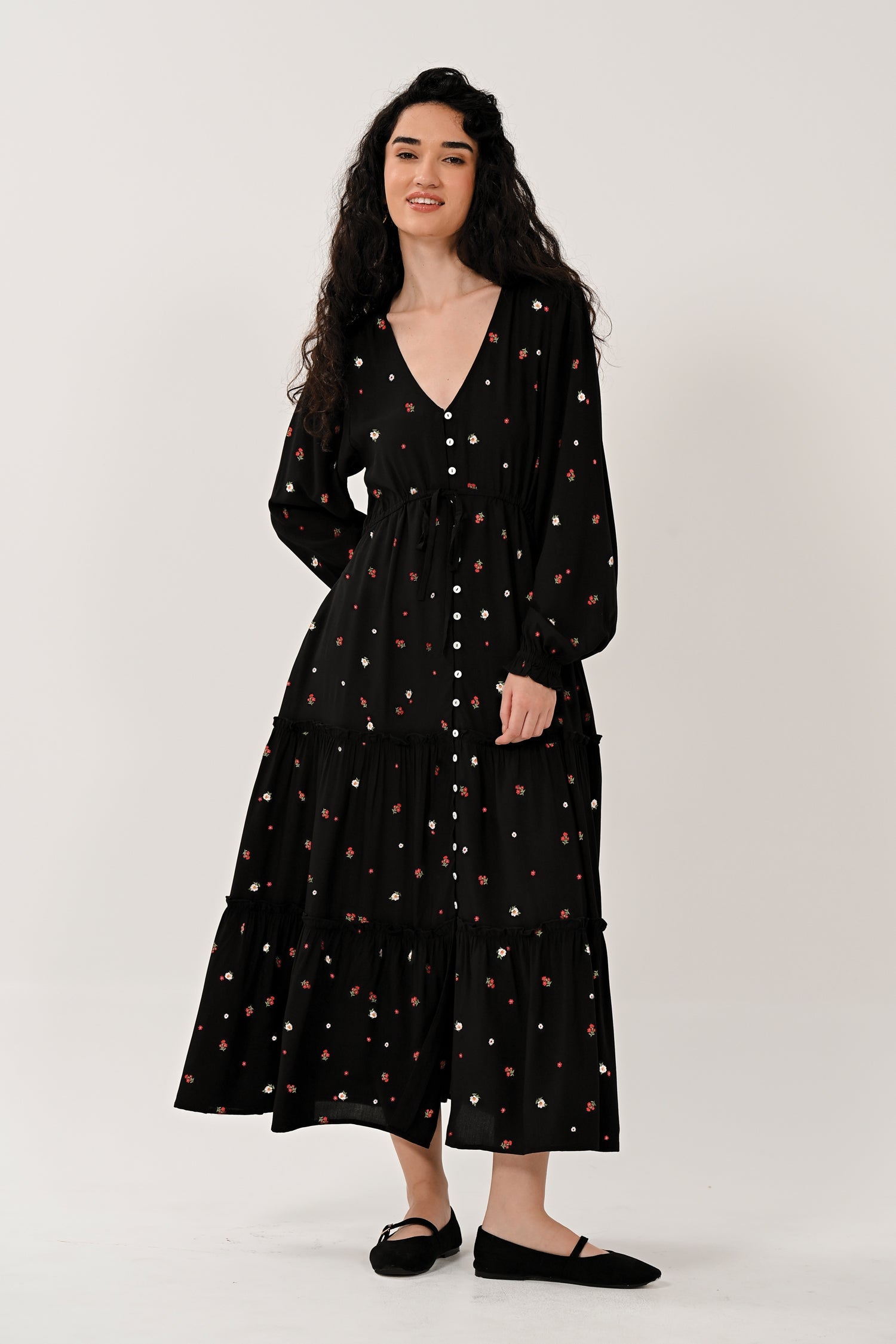 AW26 Ditsy Floral Tiered Dress - Black