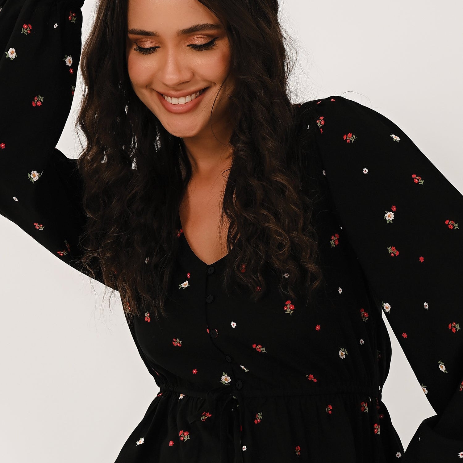 AW26 Ditsy Floral Peplum Top - Black