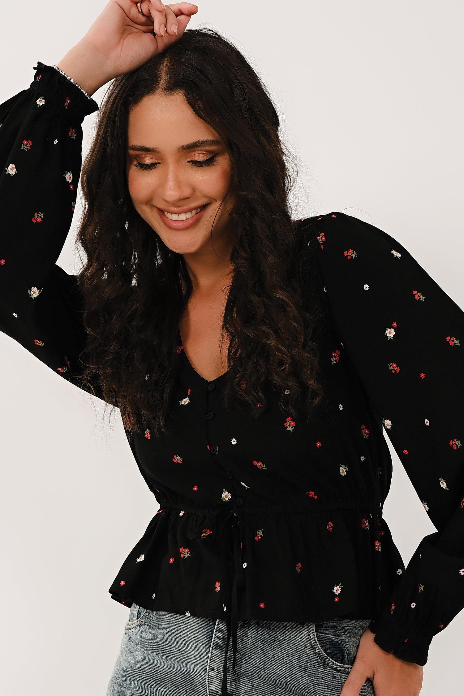 AW26 Ditsy Floral Peplum Top - Black