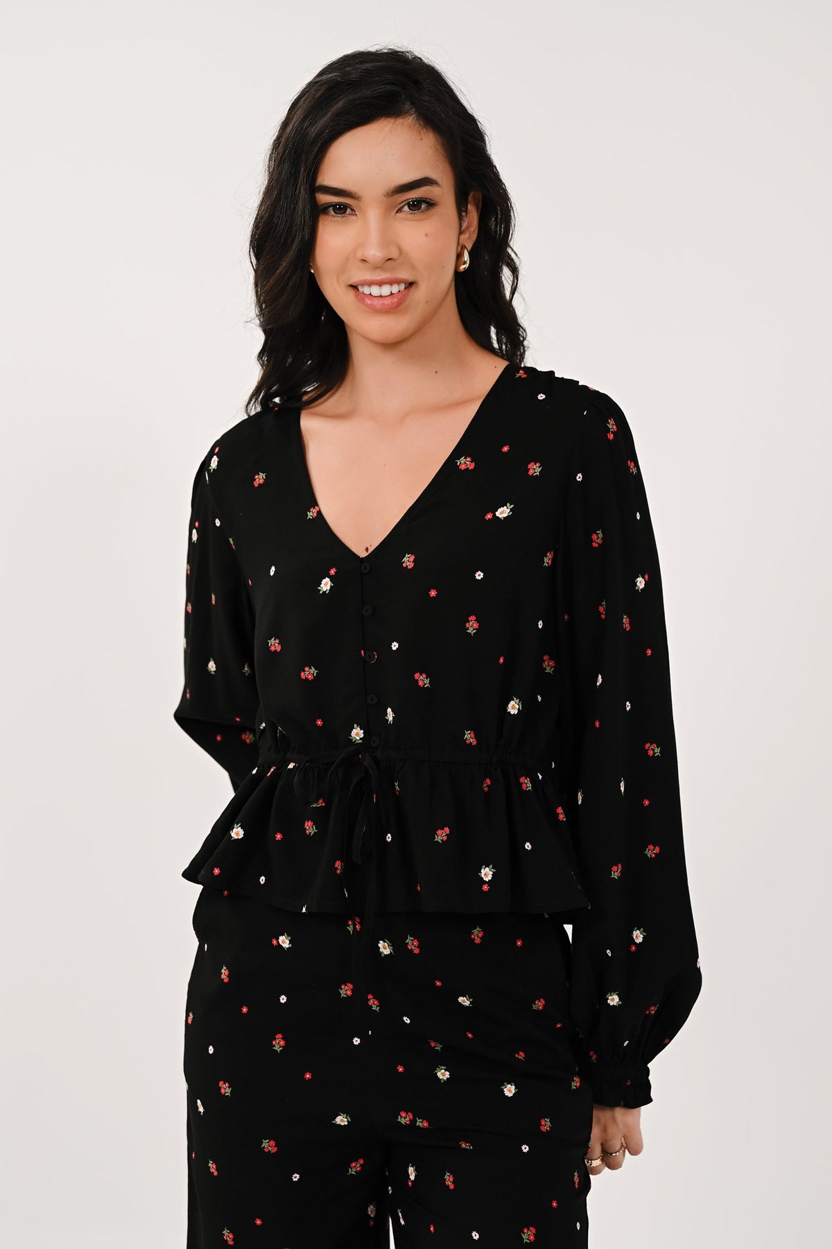 AW26 Ditsy Floral Peplum Top - Black