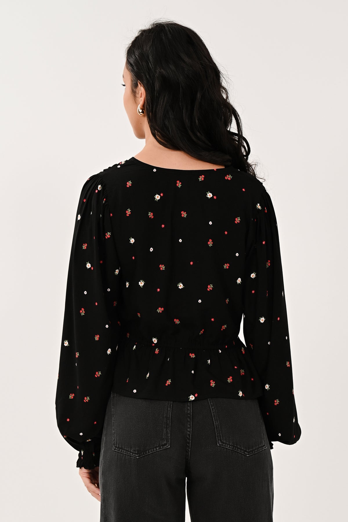 AW26 Ditsy Floral Peplum Top - Black