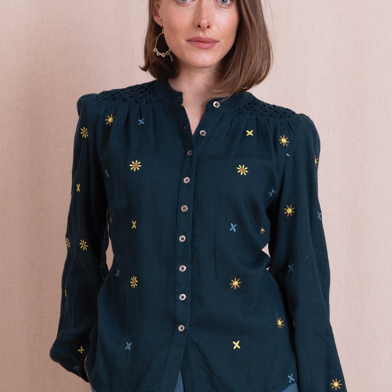 AW26 Embroidered Tuck Detail Shirt - Teal