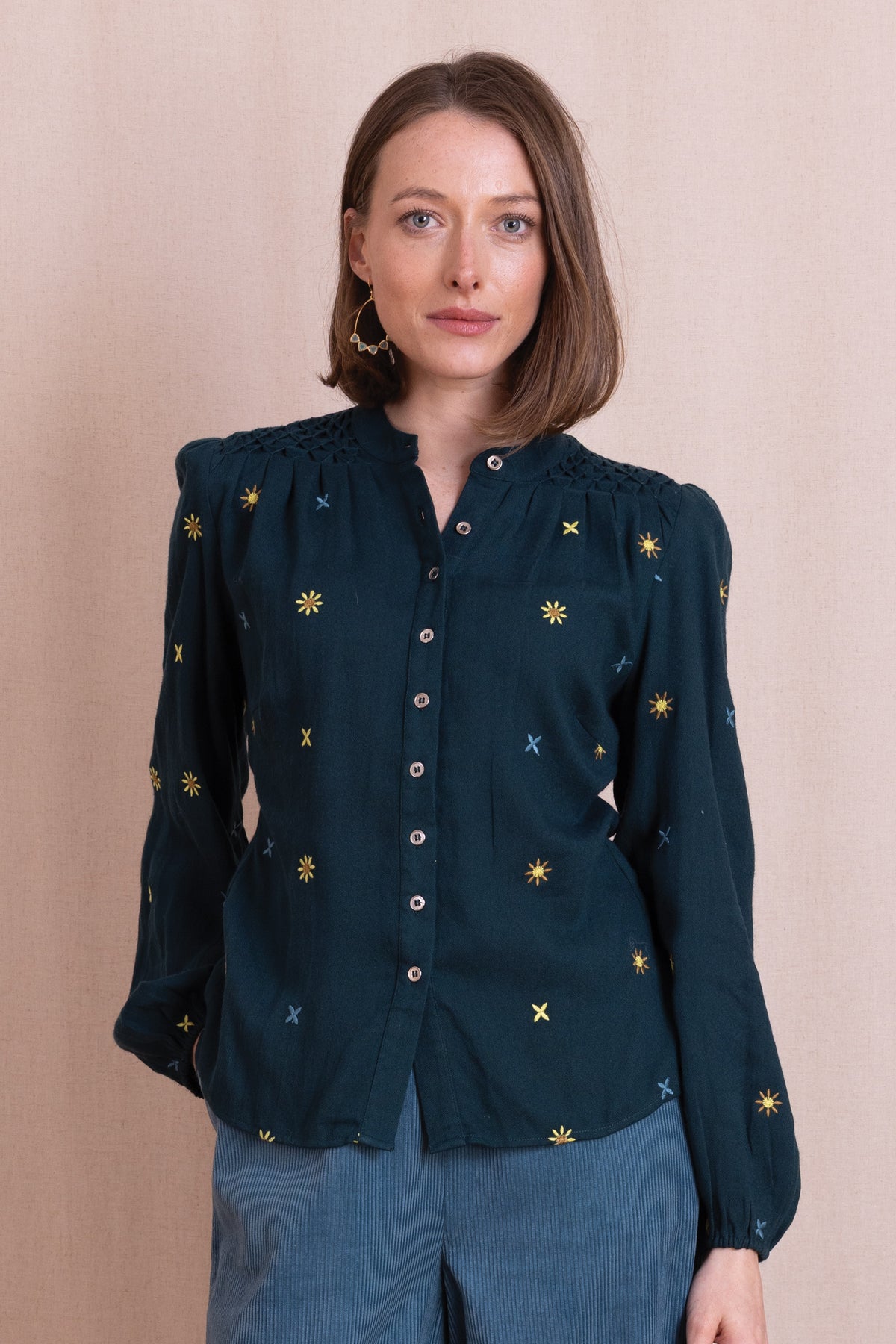 AW26 Embroidered Tuck Detail Shirt - Teal