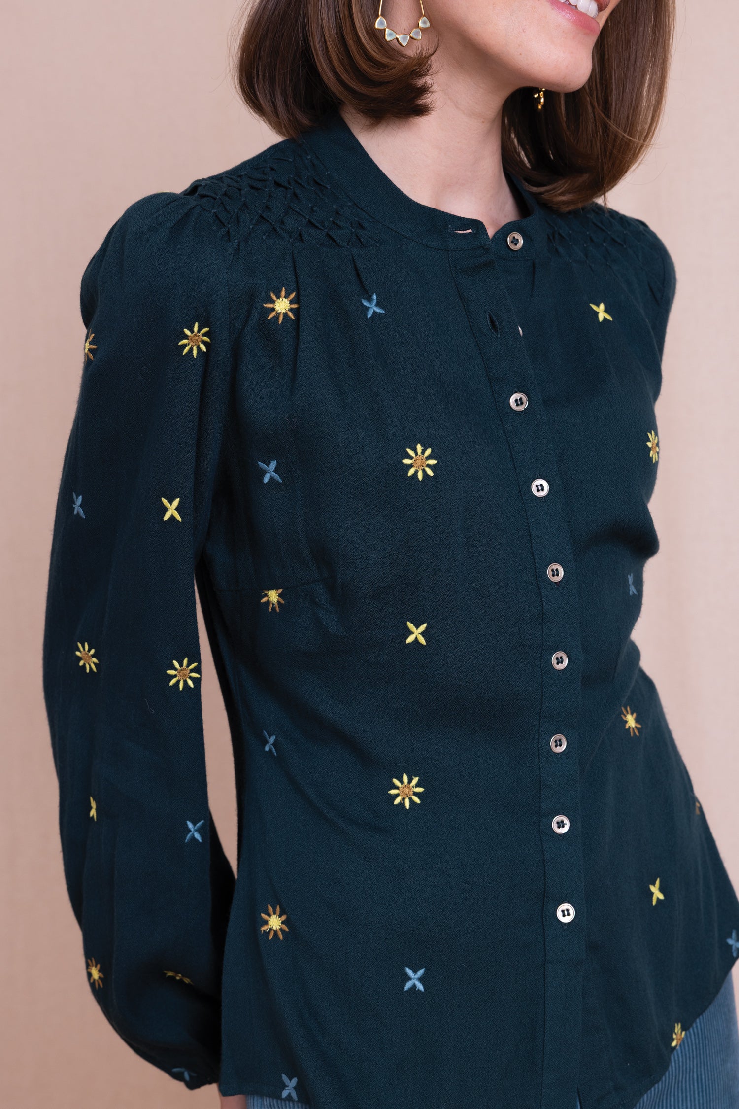 AW26 Embroidered Tuck Detail Shirt - Teal