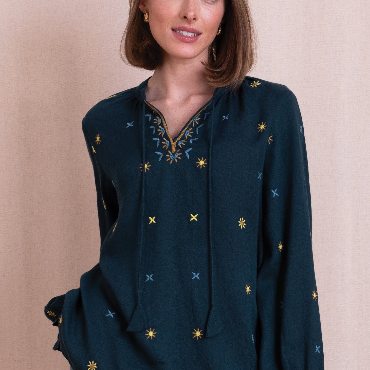 AW26 Embroidered Tie Front Top - Teal