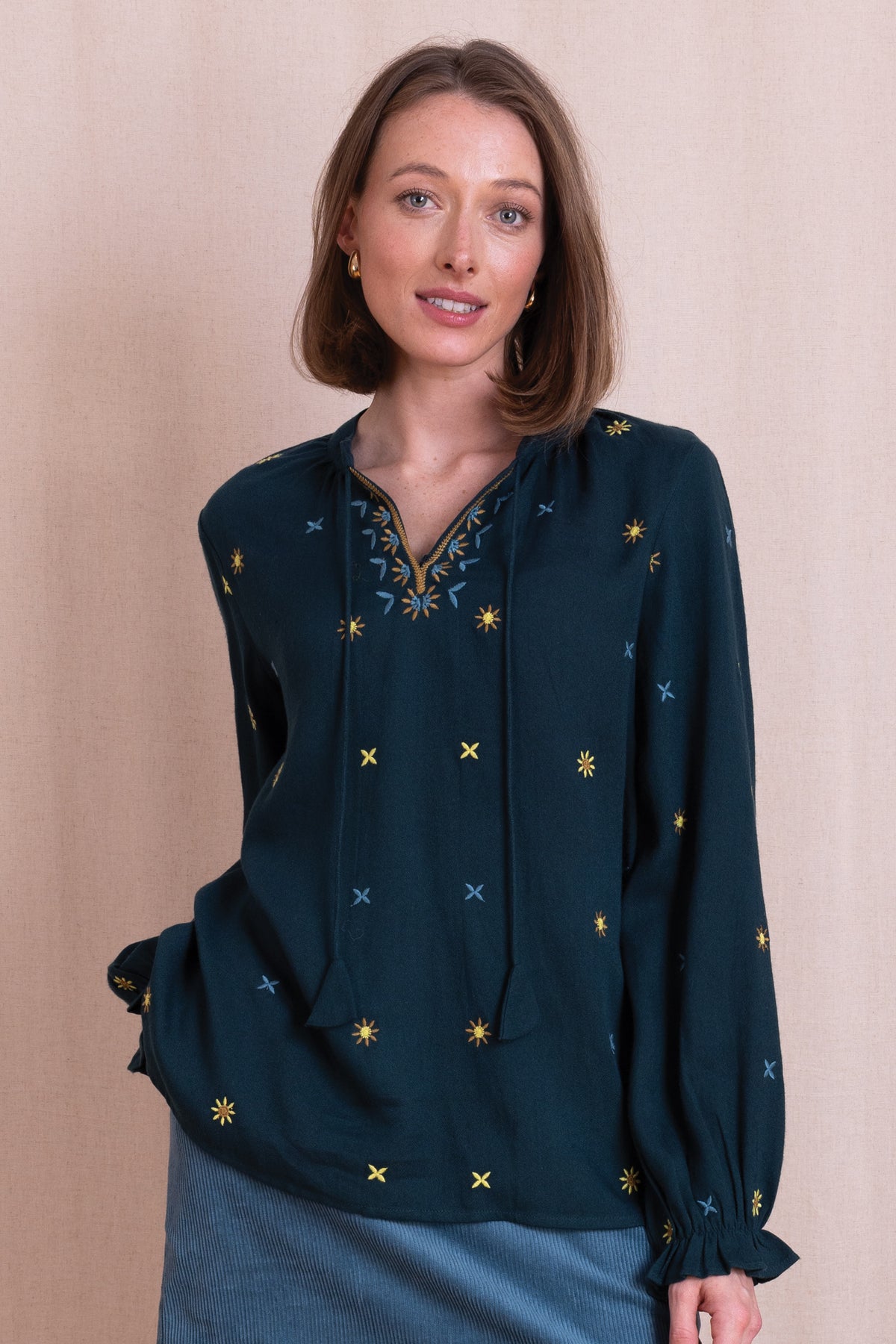 AW26 Embroidered Tie Front Top - Teal