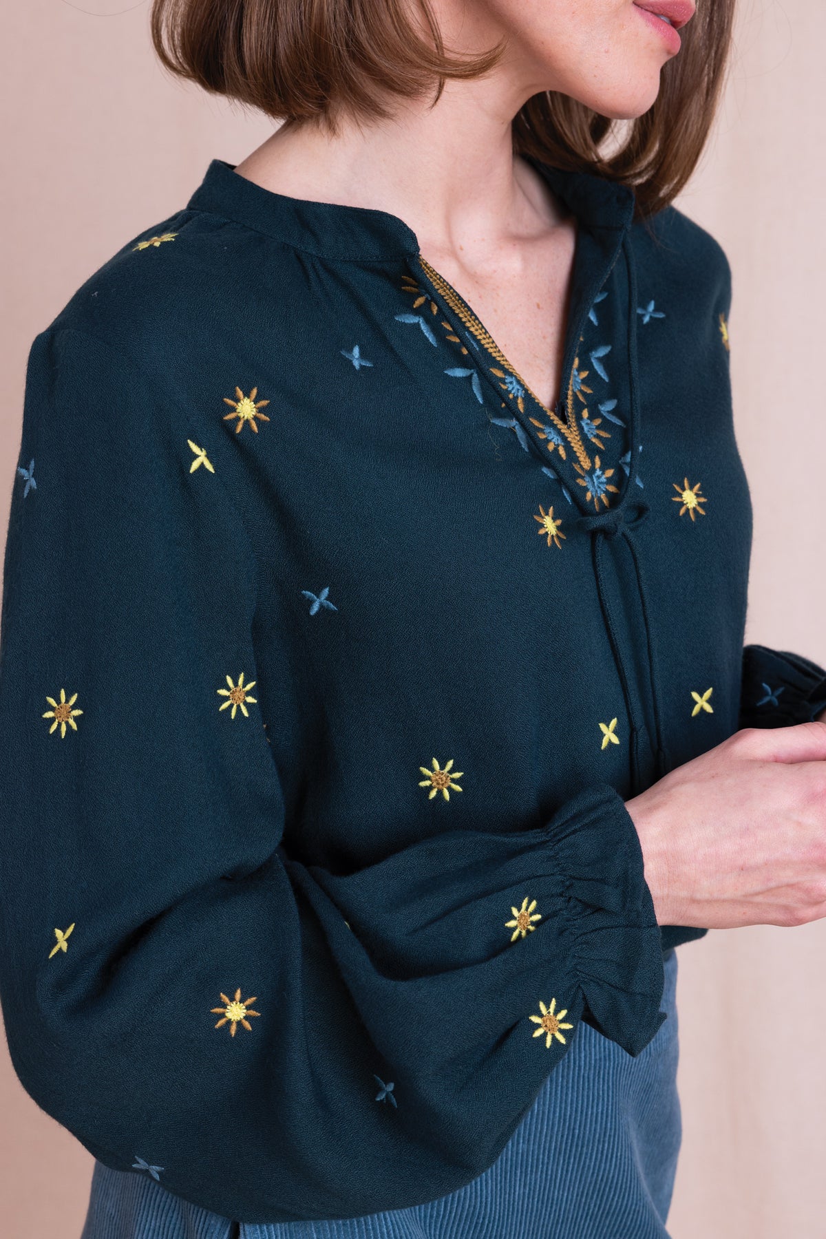 AW26 Embroidered Tie Front Top - Teal